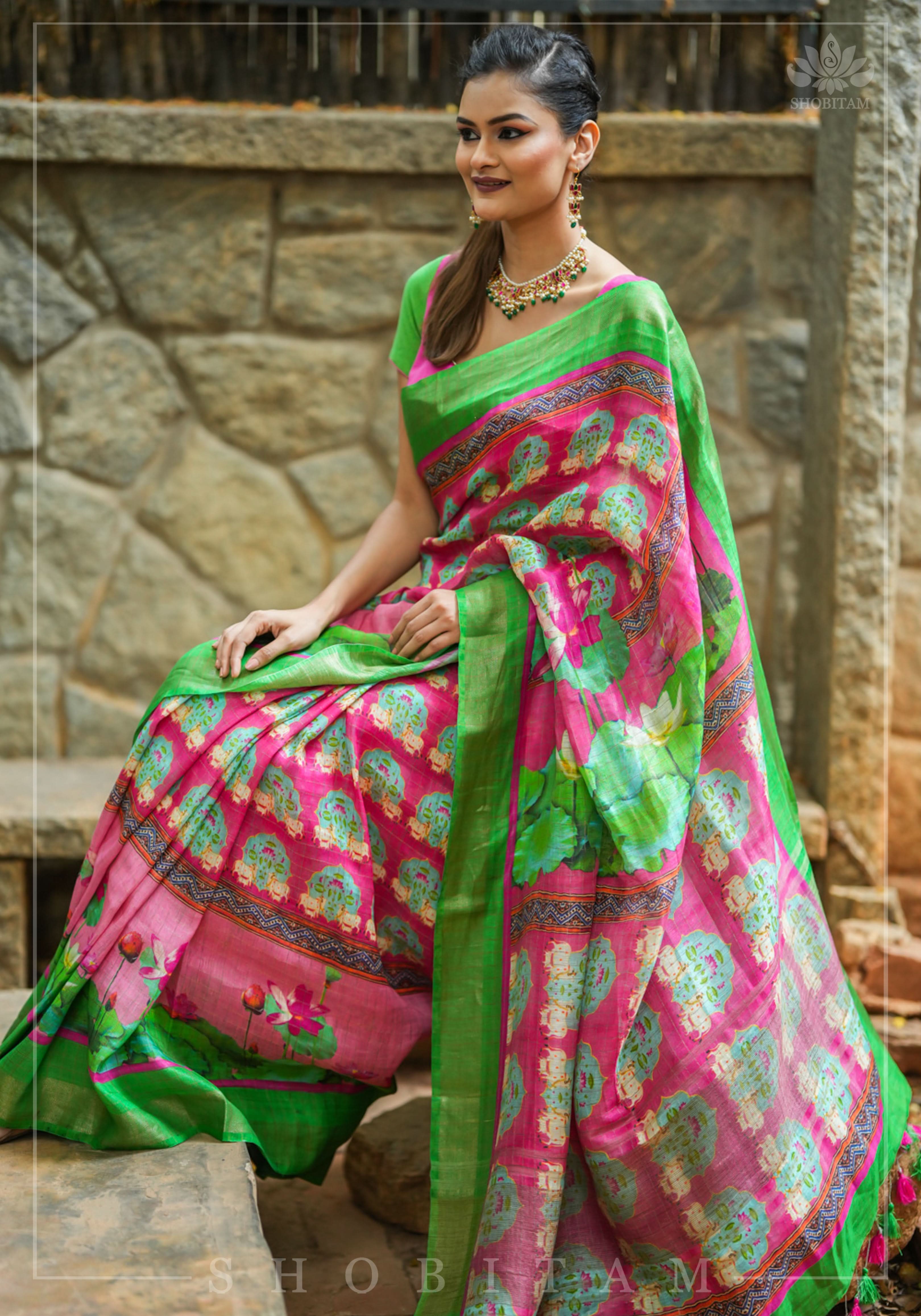 Silk Linen Saree with Pichwai Digital Print | Shobitam Saree