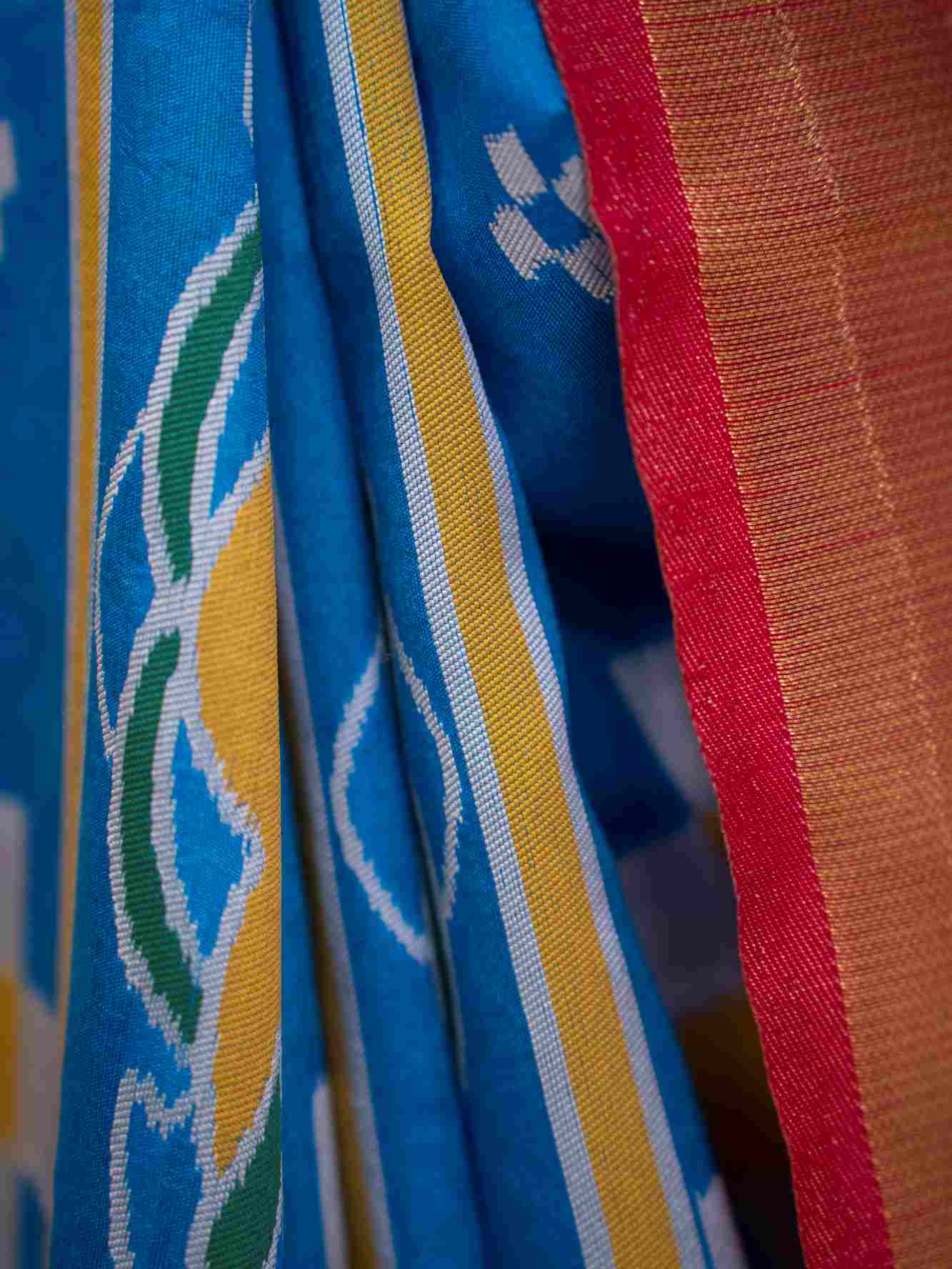 Firozi Blue With Contrast Border & Palla With Ikat Woven Overall Ready To Wear Saree