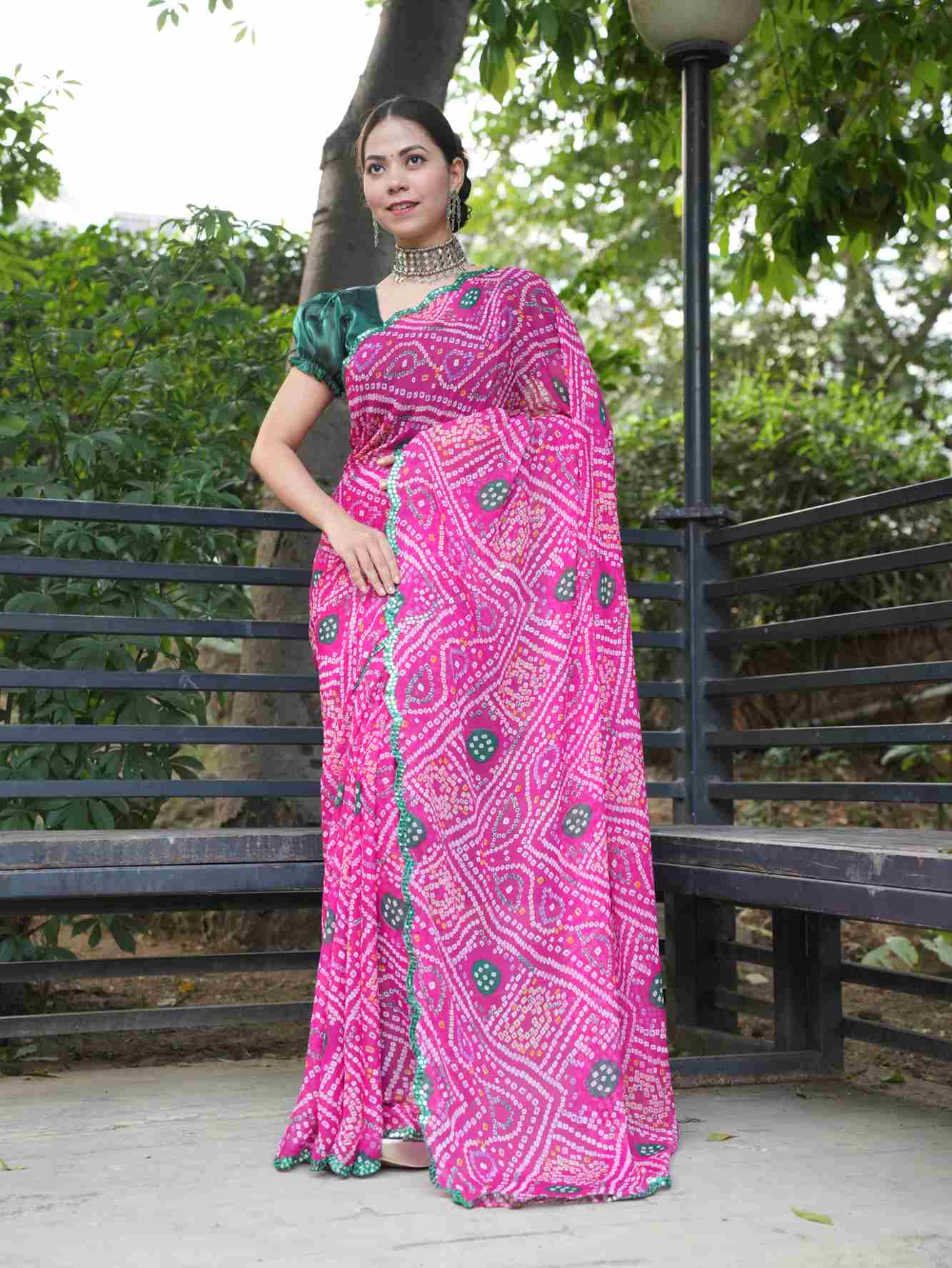 Bandhani Printed Chiffon With Mirror Work Green Scalloped  Border Wrap in 1 Minute Saree.