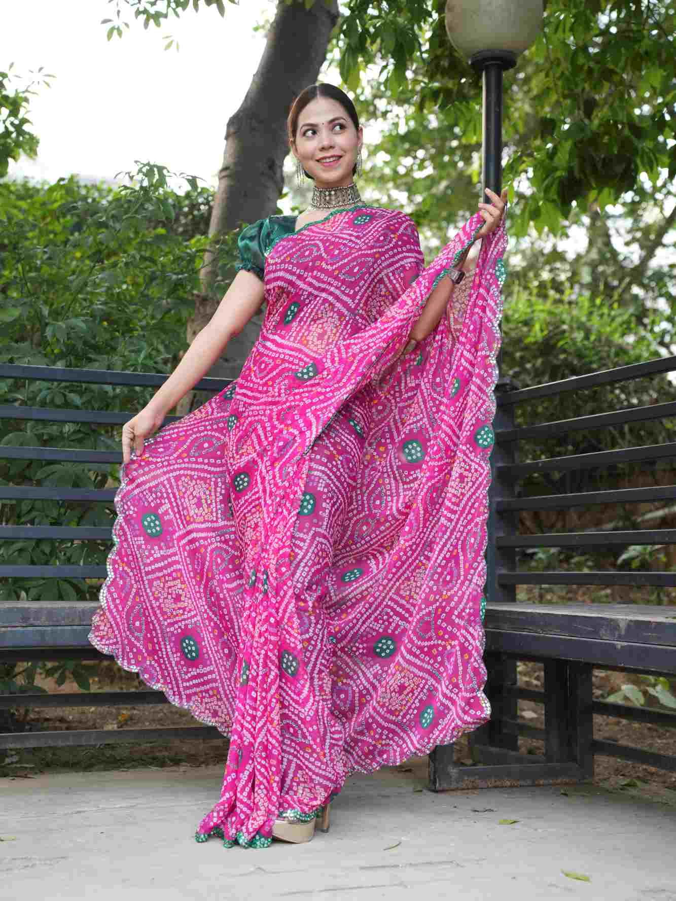 Bandhani Printed Chiffon With Mirror Work Green Scalloped  Border Wrap in 1 Minute Saree.