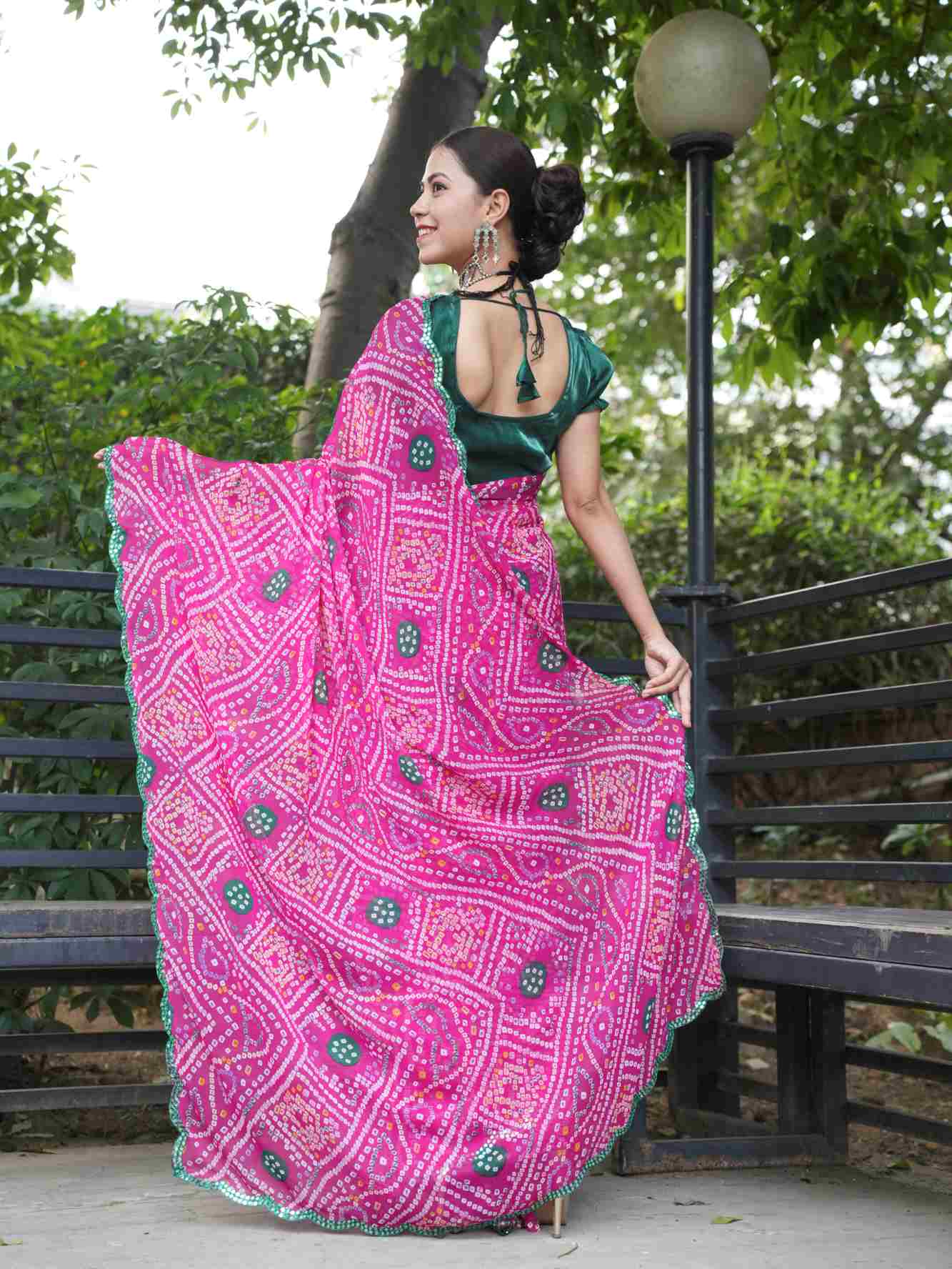 Bandhani Printed Chiffon With Mirror Work Green Scalloped  Border Wrap in 1 Minute Saree.