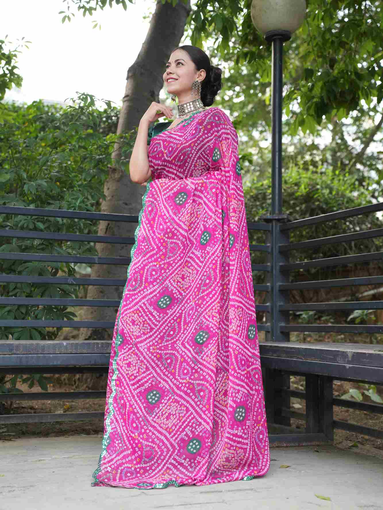 Bandhani Printed Chiffon With Mirror Work Green Scalloped  Border Wrap in 1 Minute Saree.