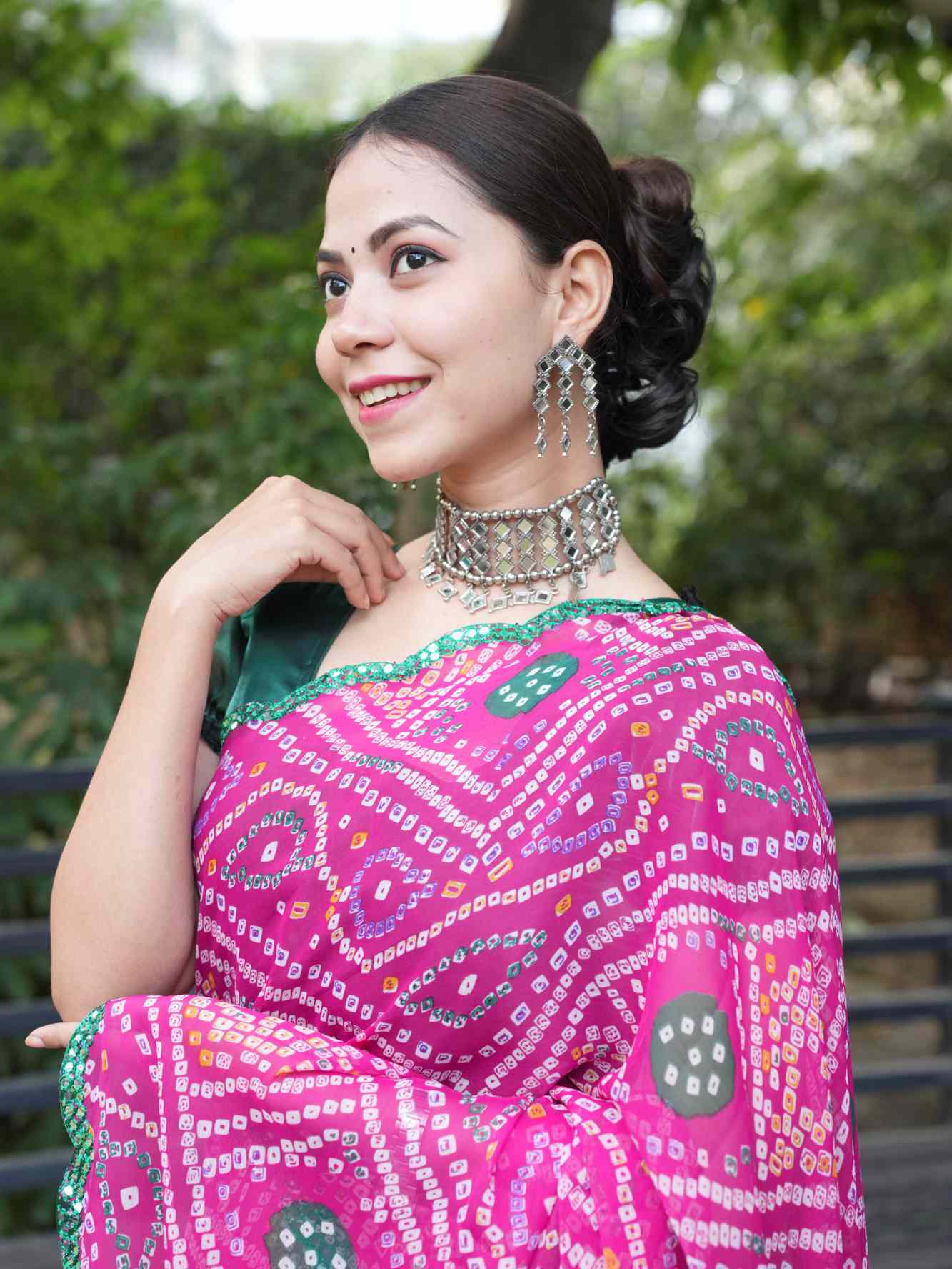 Bandhani Printed Chiffon With Mirror Work Green Scalloped  Border Wrap in 1 Minute Saree.