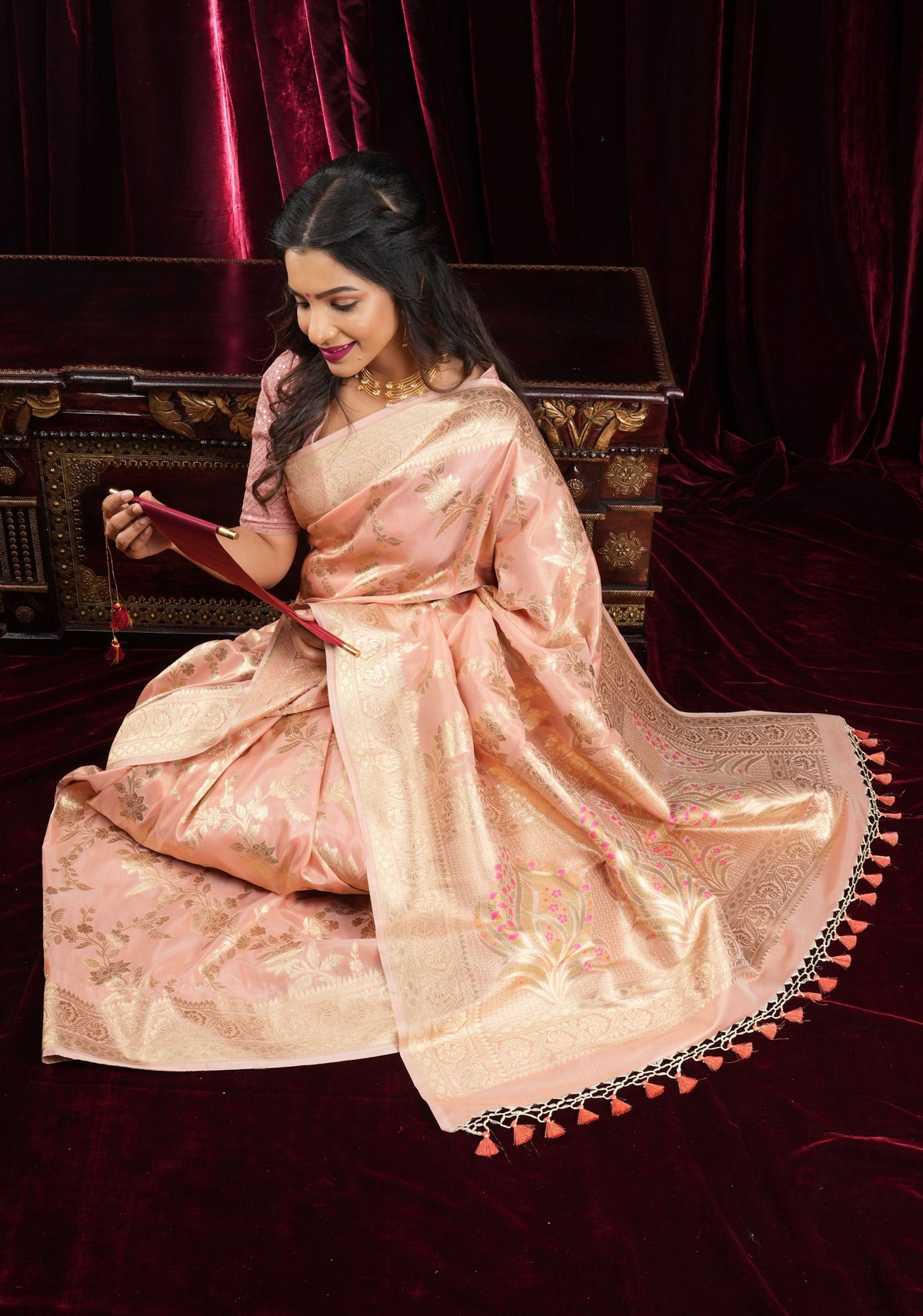 Blush Peach Tissue Semi silk saree with leheria Zari Floral vine pattern | SHOBITAM