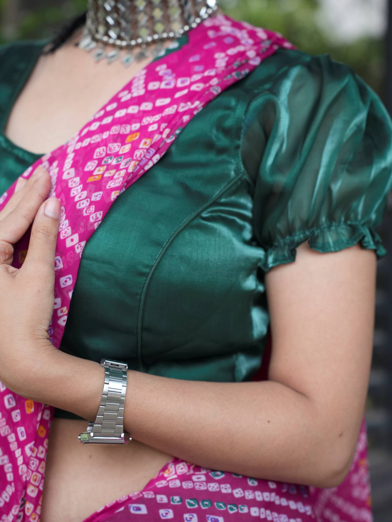 Beautiful Organza Green  With princess Cut Piping Finished  & Padded  Blouse