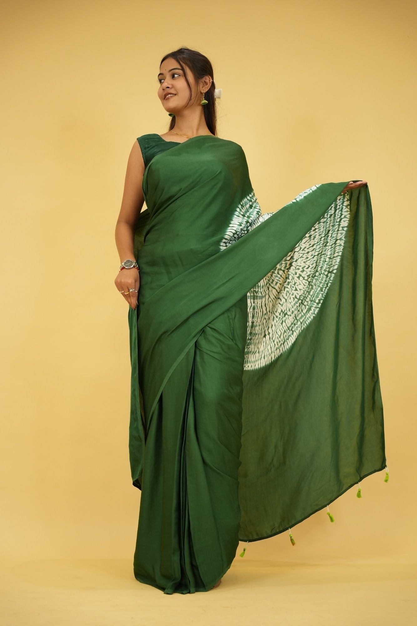 Pre drape Hand Shibori mandala Dye on Green Modal Silk And Tassel On Pallu saree