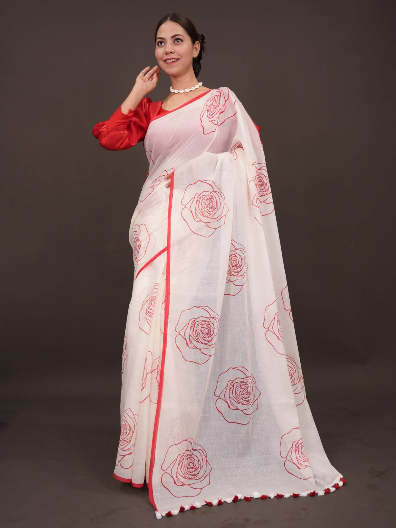 Red Rose Floral  Printed With Pure Cotton and Tassel On Pallu Wrap in 1 Minute Saree.