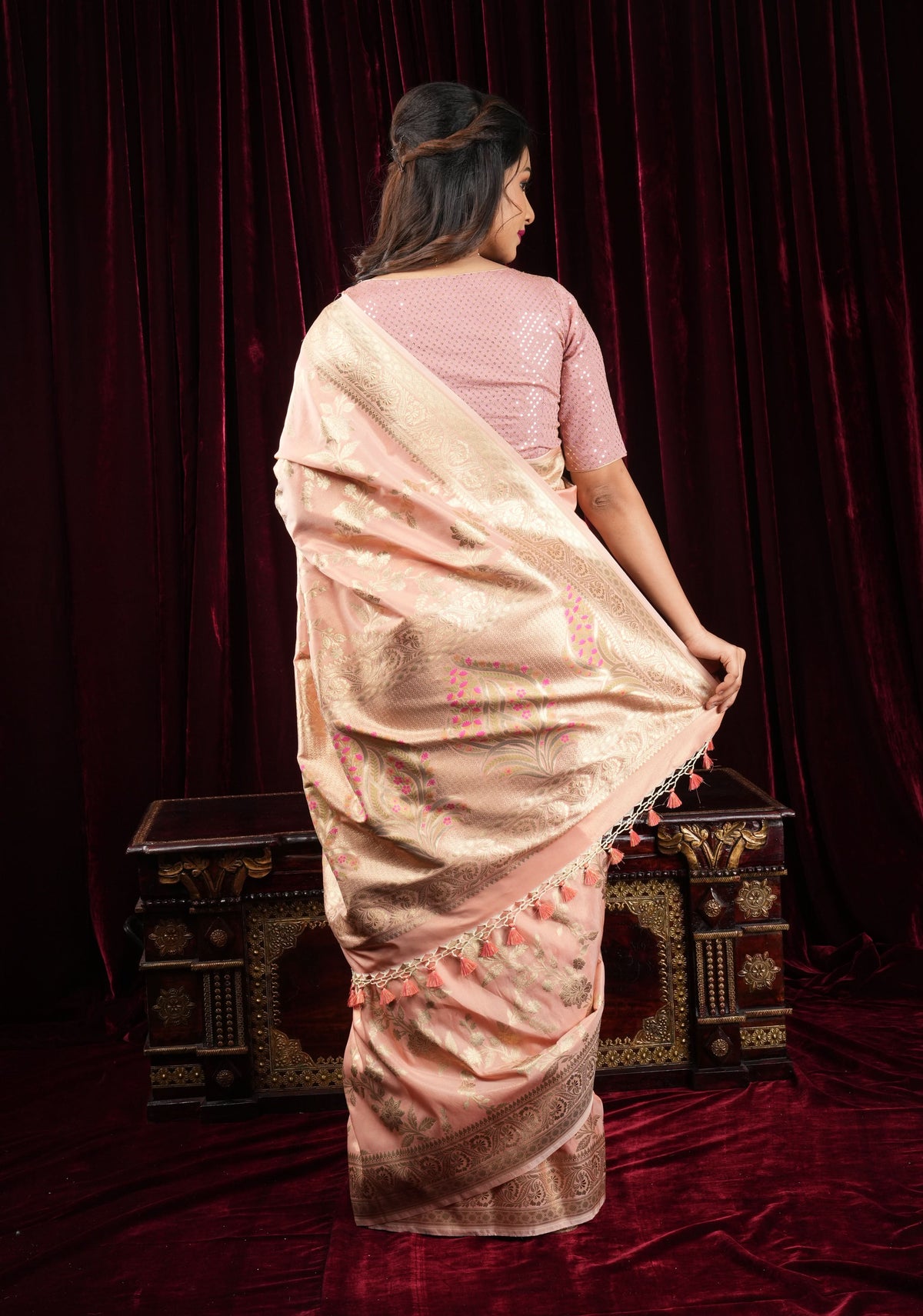 Blush Peach Tissue Semi silk saree with leheria Zari Floral vine pattern | SHOBITAM