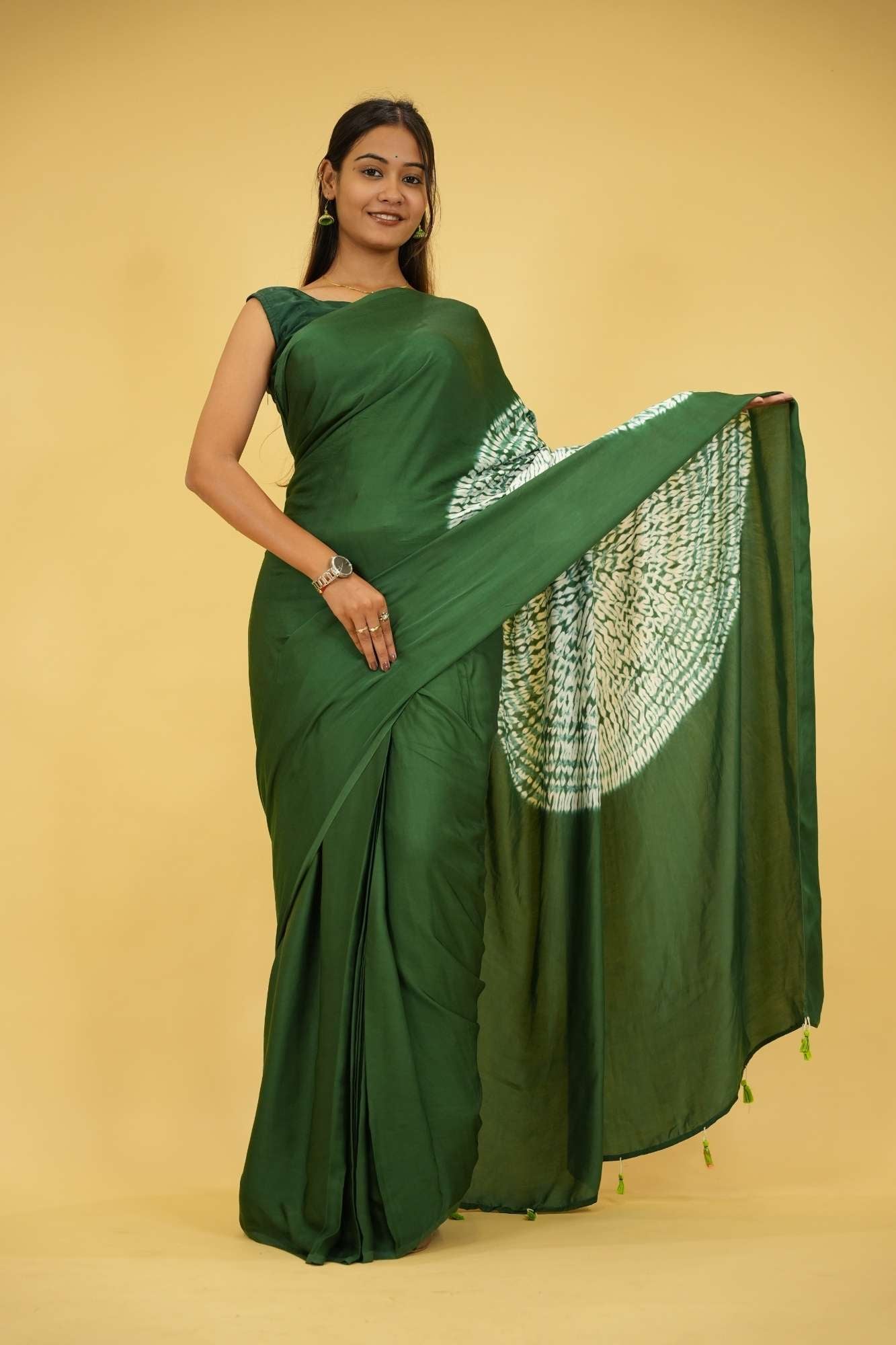 Pre drape Hand Shibori mandala Dye on Green Modal Silk And Tassel On Pallu saree