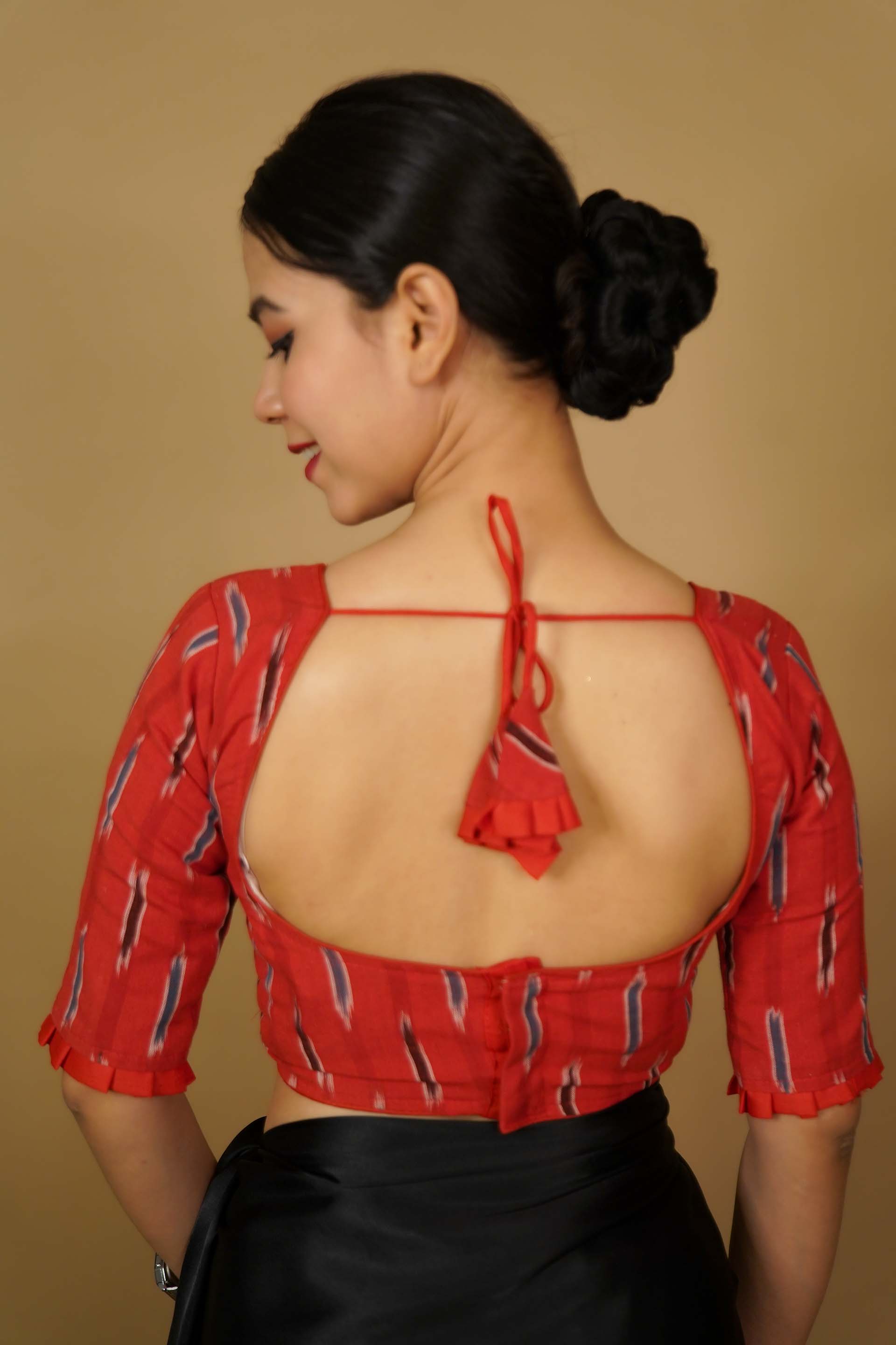 Red Block Printed Princess Cut Piping detailed With tying back  Soft Cotton Blouse