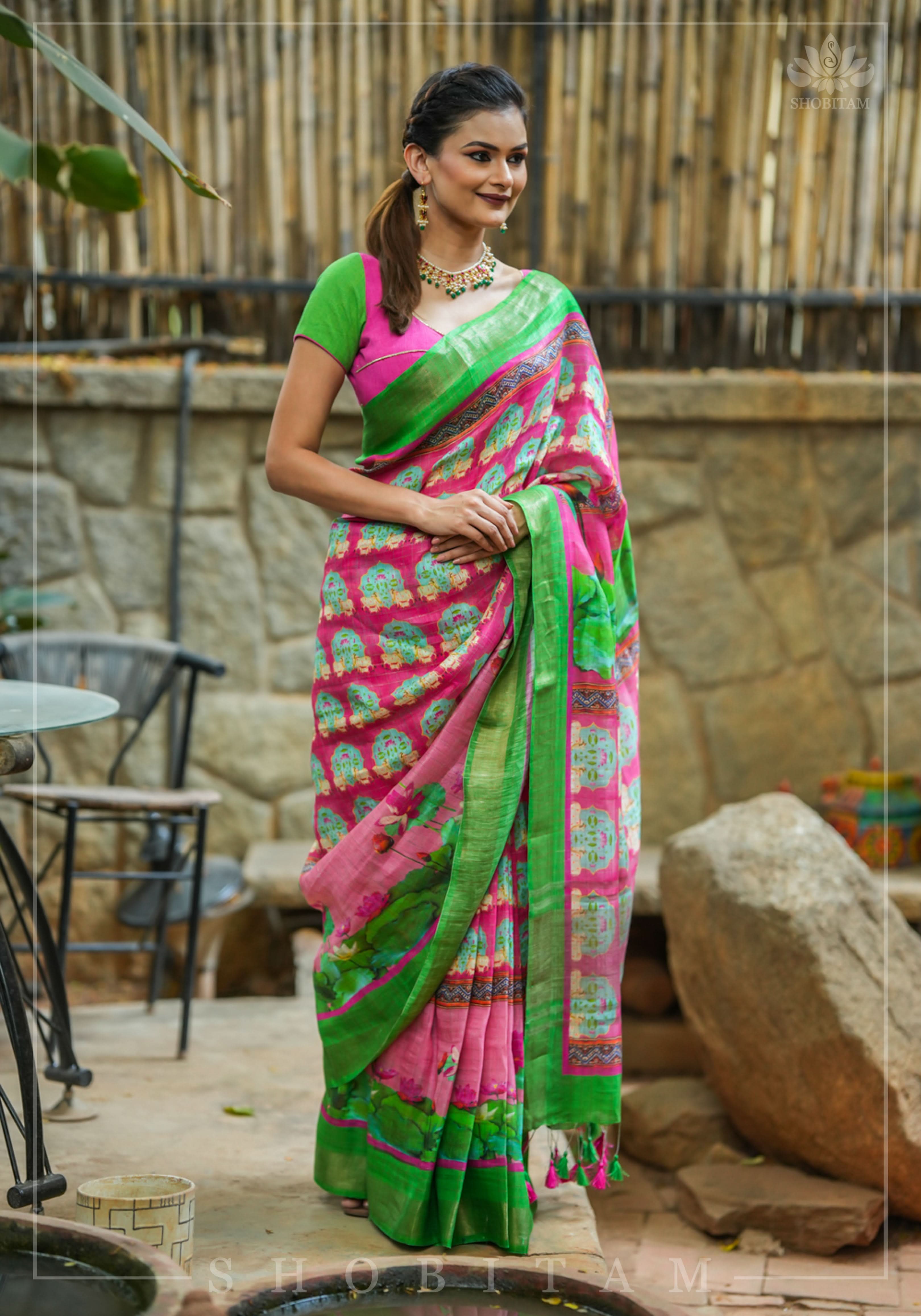 Choli Cut Pink and Green Handloom Cotton Blouse | Shobitam