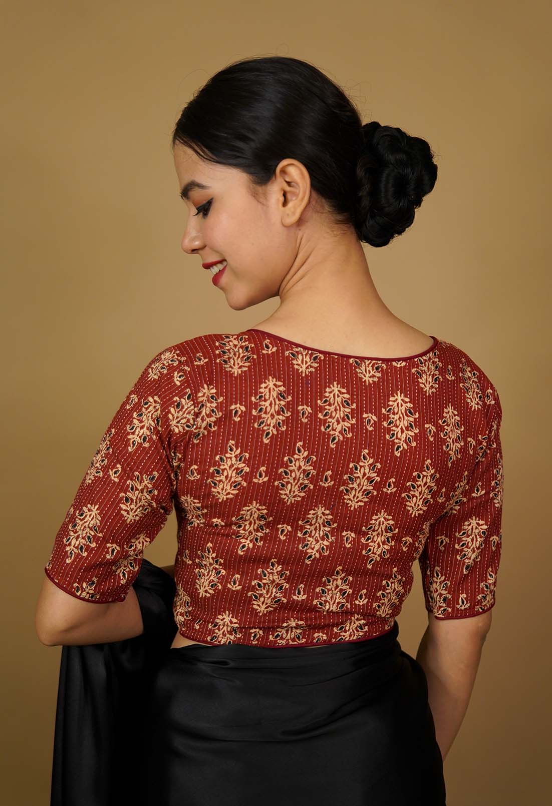U Neck Block Printed front Hooks piping Detailed Soft Cotton Blouse