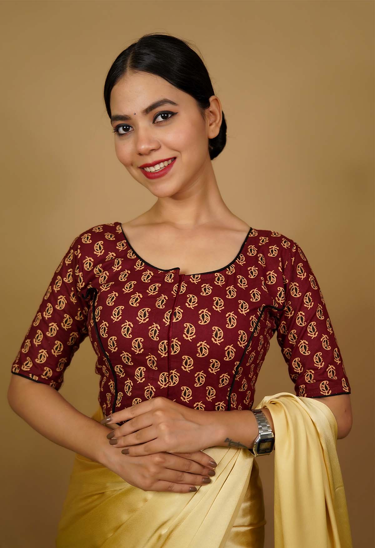 Soft Cotton Ajrakh Block Printed With Piping Detailed Blouse