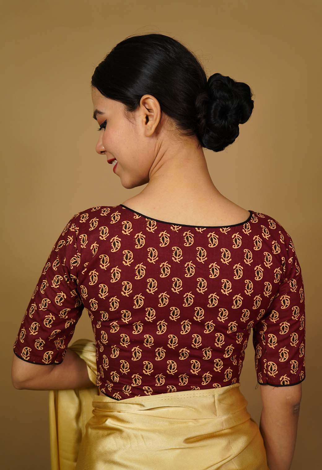 Soft Cotton Ajrakh Block Printed With Piping Detailed Blouse