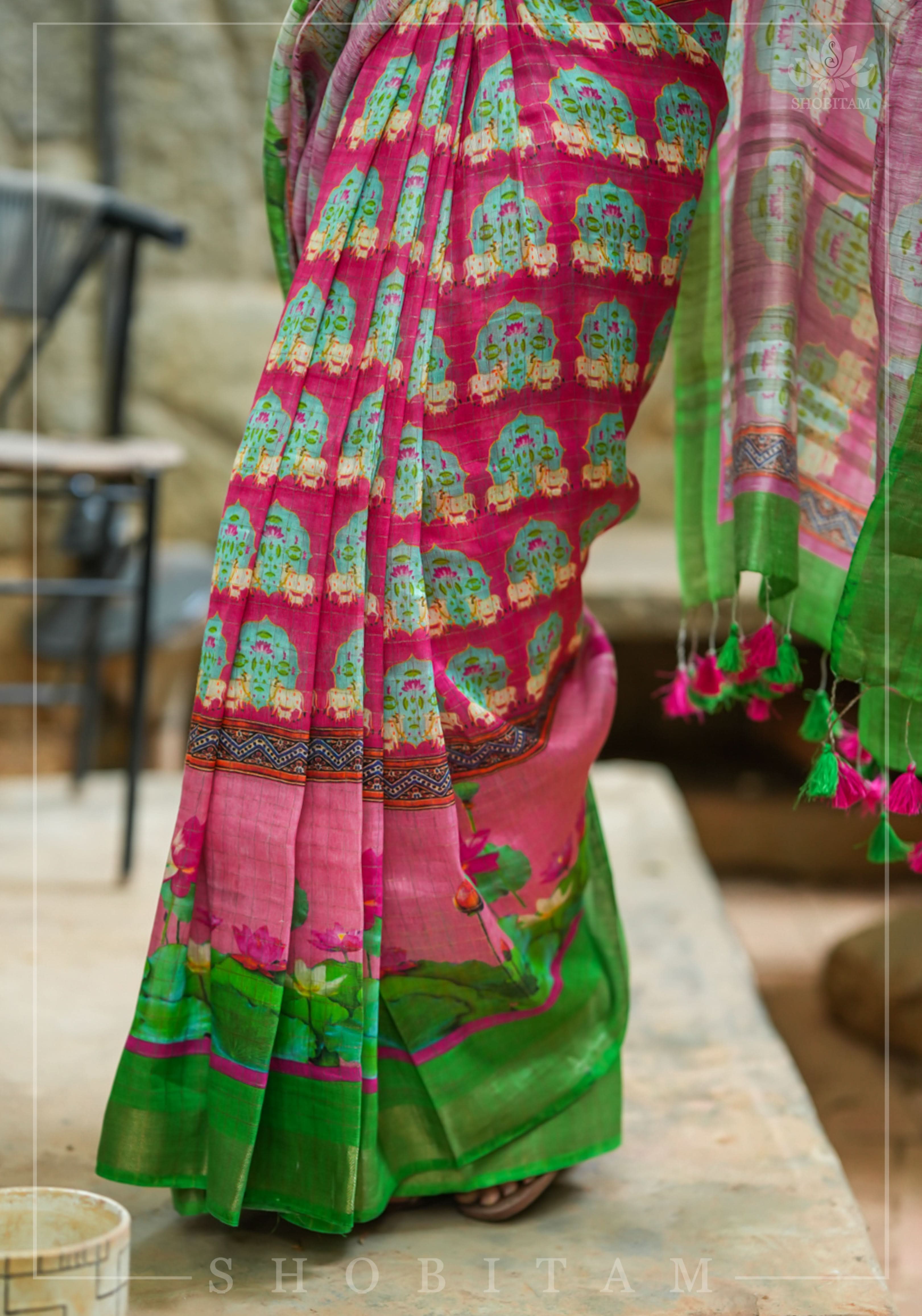 Silk Linen Saree with Pichwai Digital Print | Shobitam Saree