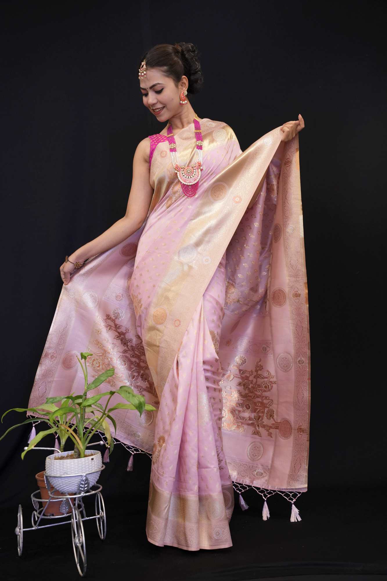 Ready to wear banarasi With Zari Motif Woven Palla & Butta Woven Overall Ready To Wear Saree