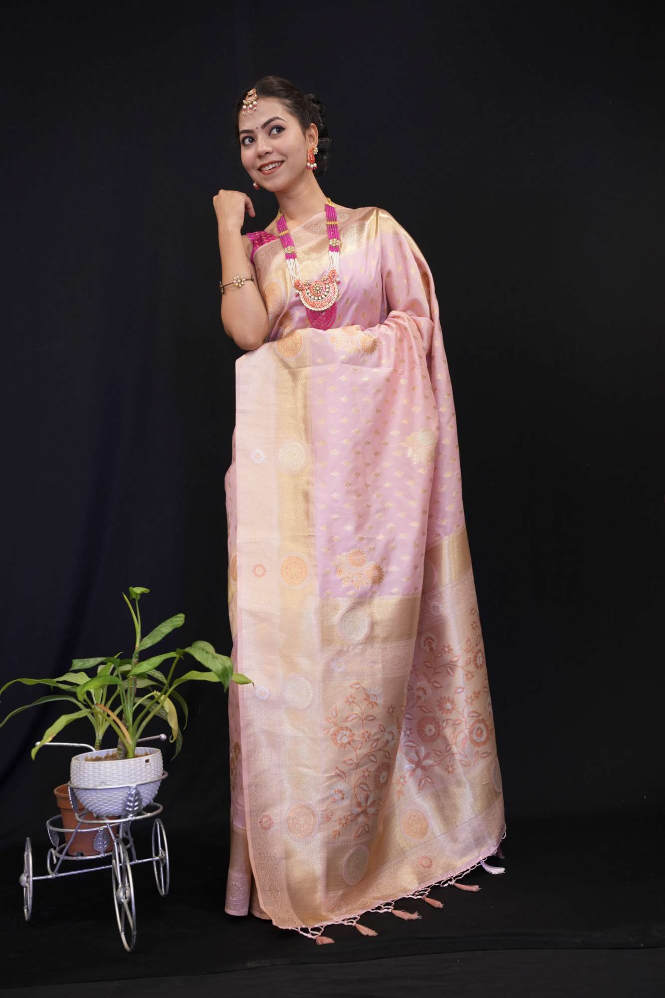 Ready to wear banarasi With Zari Motif Woven Palla & Butta Woven Overall Ready To Wear Saree