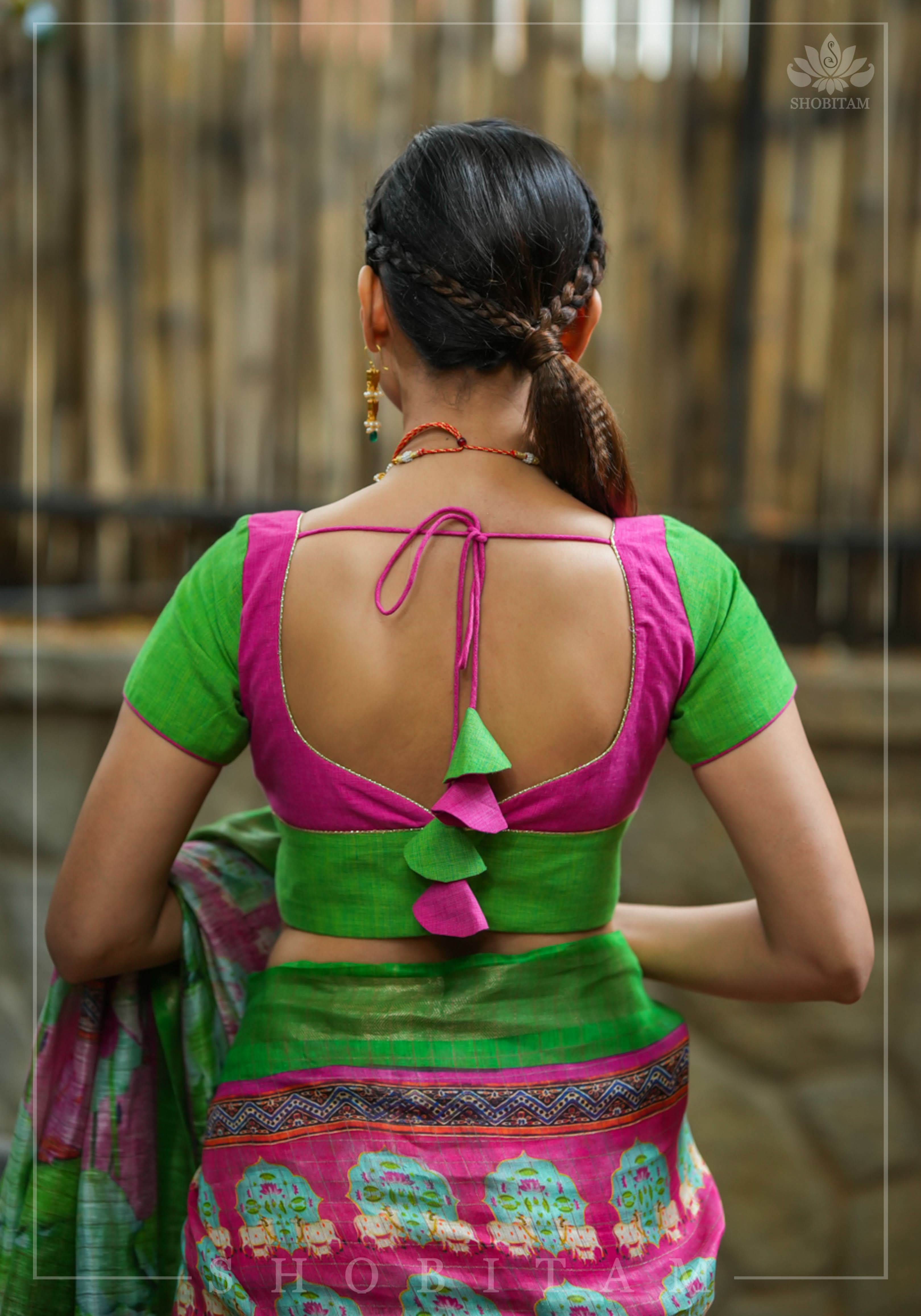 Choli Cut Pink and Green Handloom Cotton Blouse | Shobitam