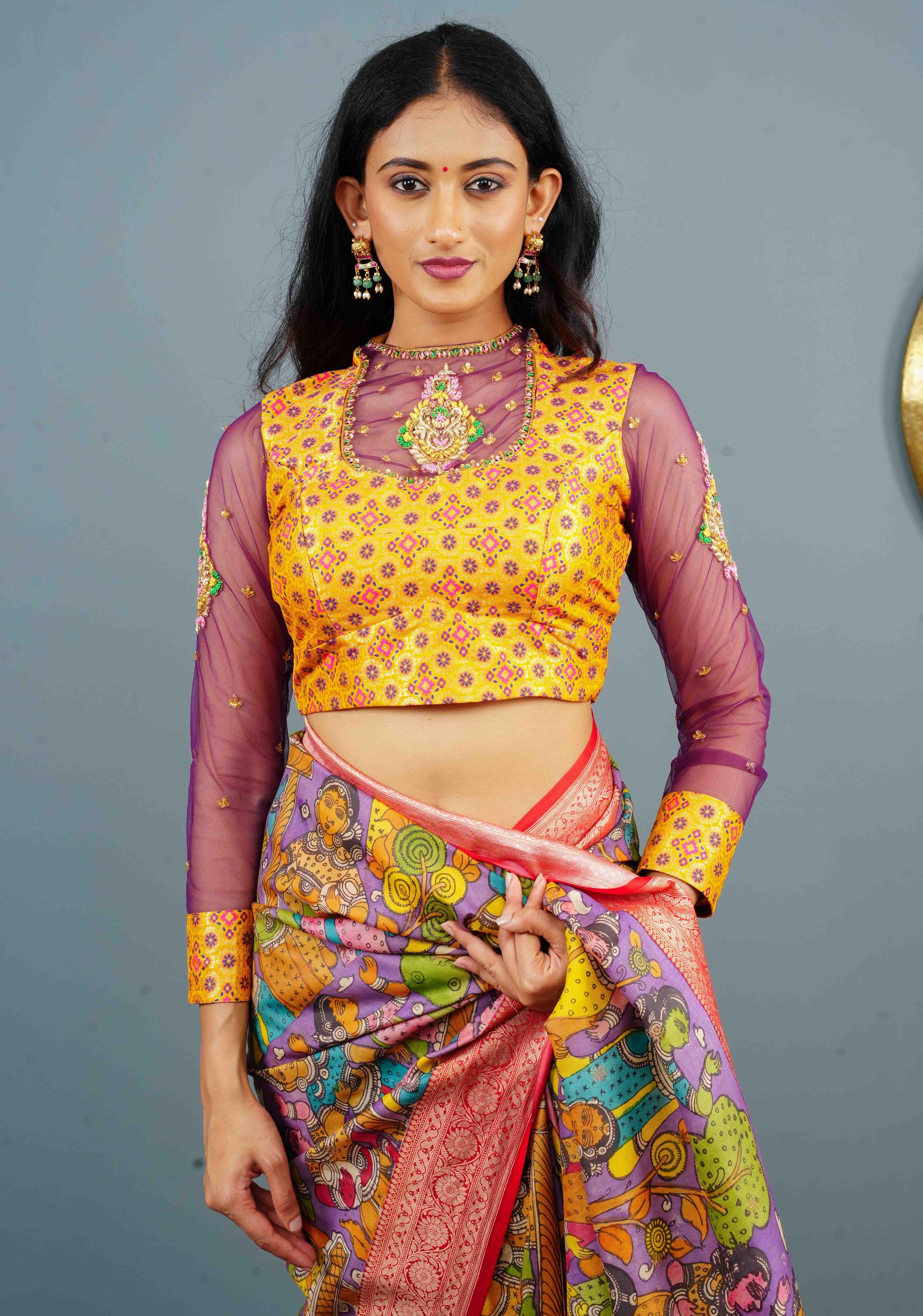 Kanthi Design Banarasi Pataola Brocade Blouse with Handwork and Net in sleeves and back, Made to Order | Shobitam
