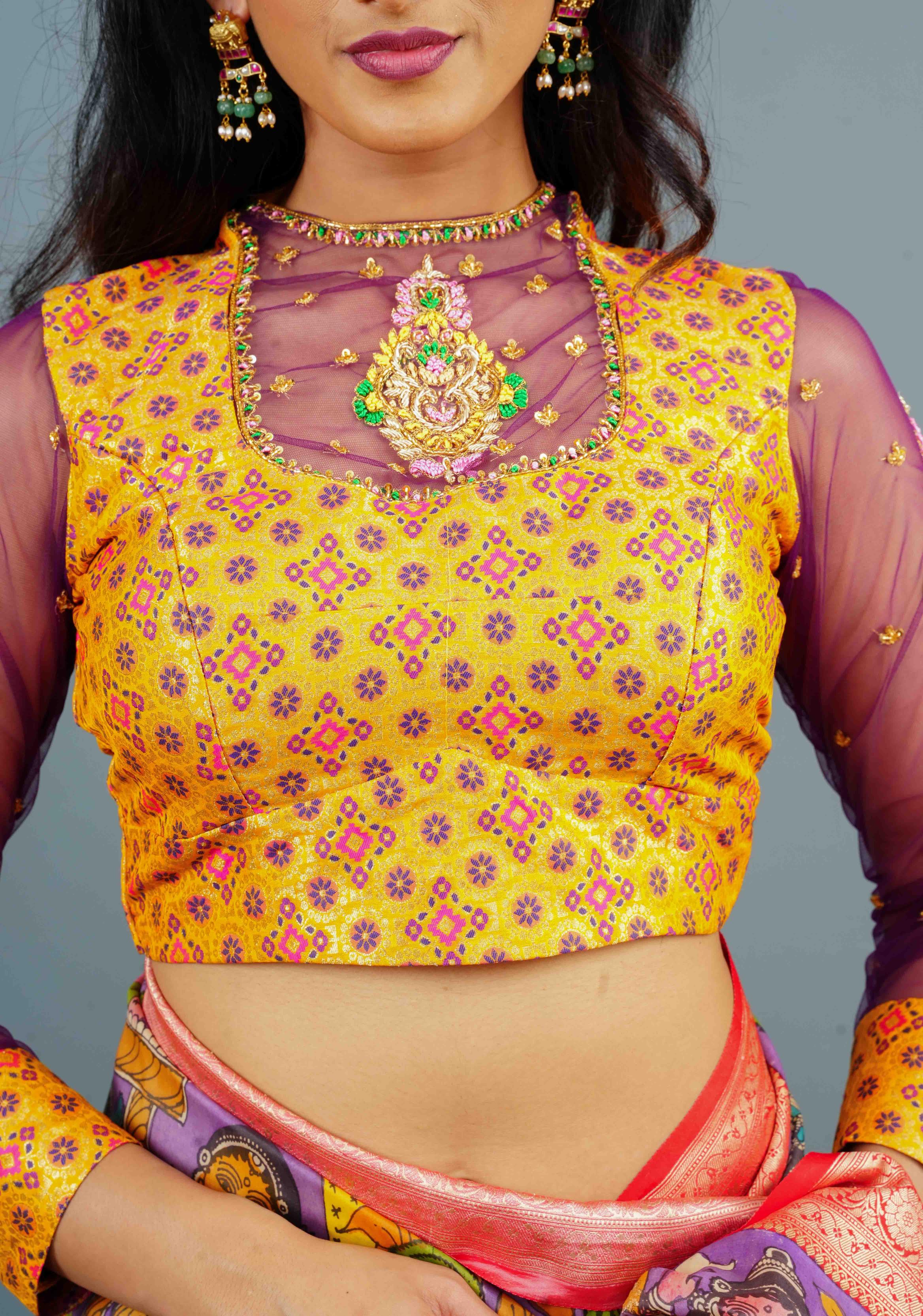 Kanthi Design Banarasi Pataola Brocade Blouse with Handwork and Net in sleeves and back, Made to Order | Shobitam