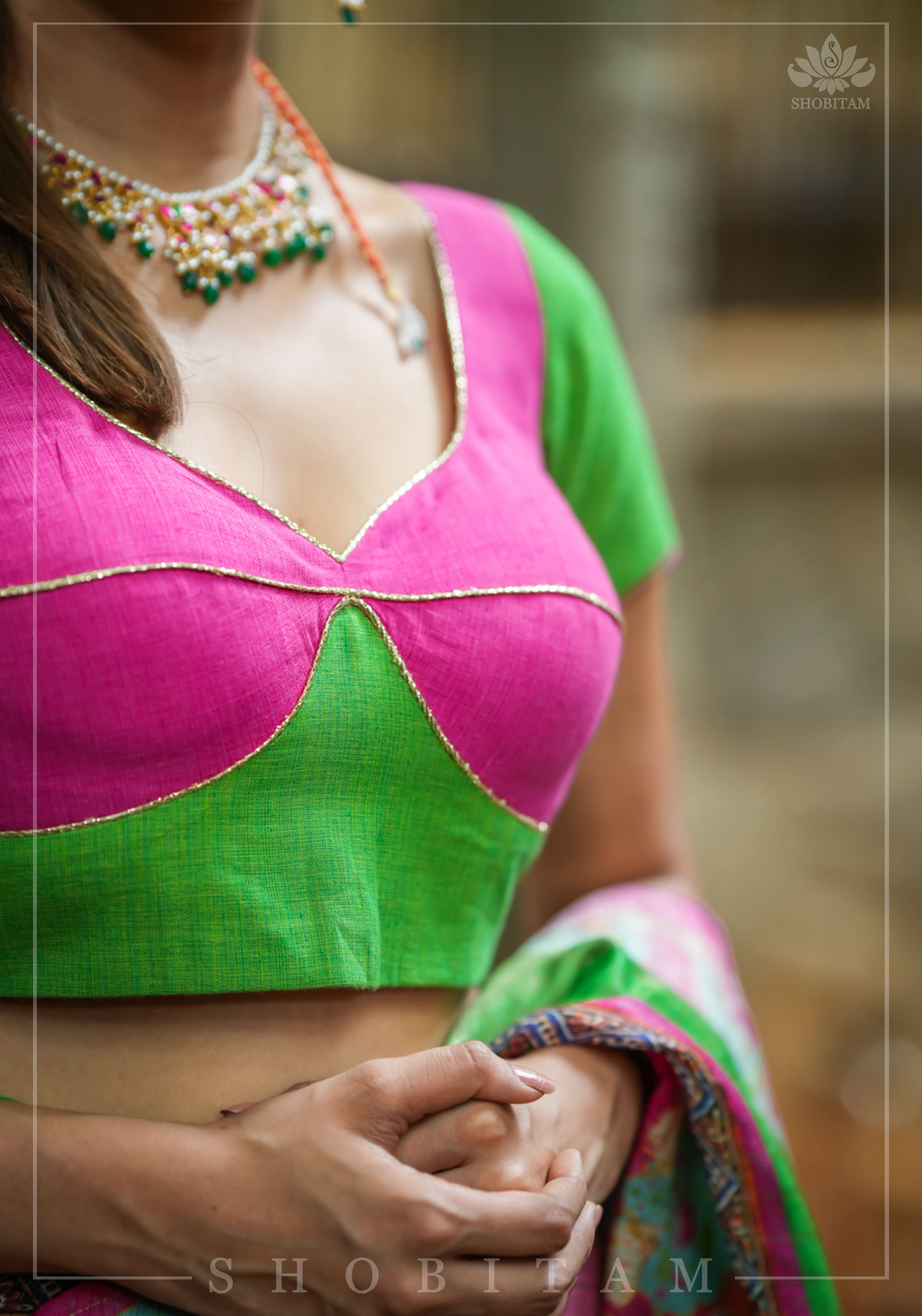 Choli Cut Pink and Green Handloom Cotton Blouse | Shobitam