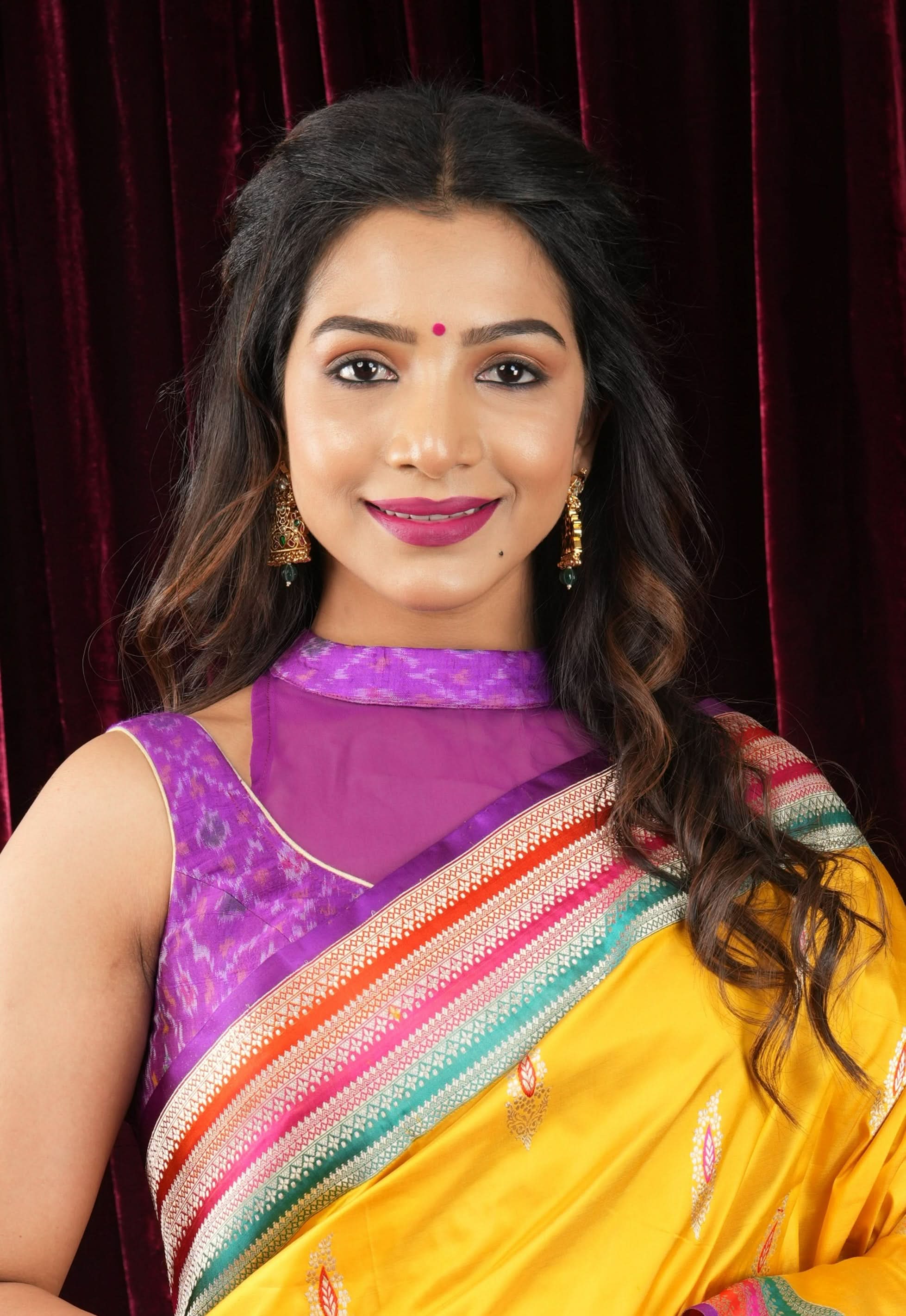 Purple Ikkat Pure Raw Silk Blouse with sheer yoke and Ikkat collar | Shobitam