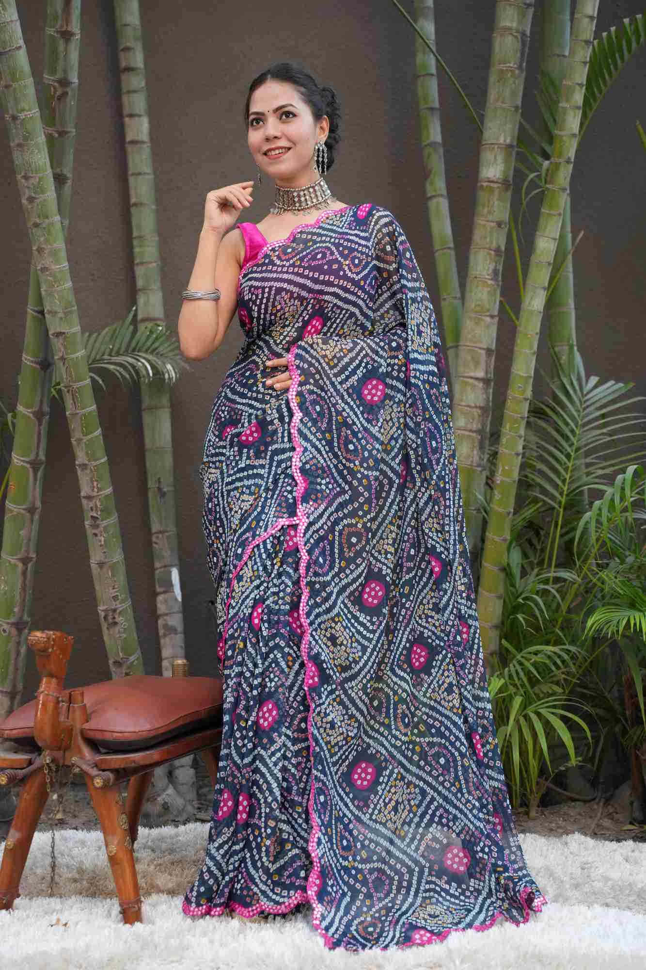 Bandhani Printed Chiffon With Mirror Embellished Pink Scalloped  Border Wrap in 1 Minute Saree.