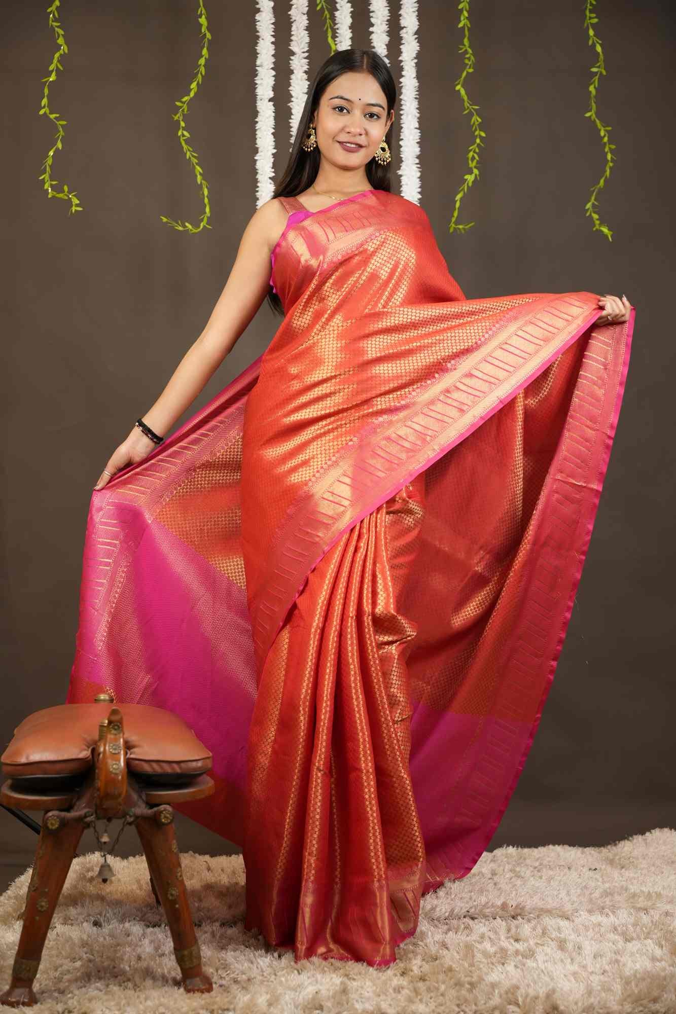 Beautiful Ready to wear Banarasi Soft Zari Tissue Silk saree with all over zari weaving & contrast  border