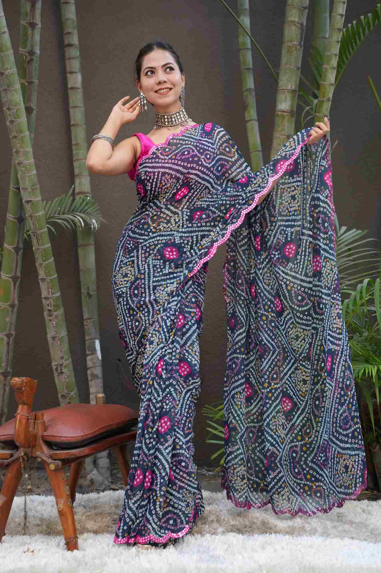 Bandhani Printed Chiffon With Mirror Embellished Pink Scalloped  Border Wrap in 1 Minute Saree.