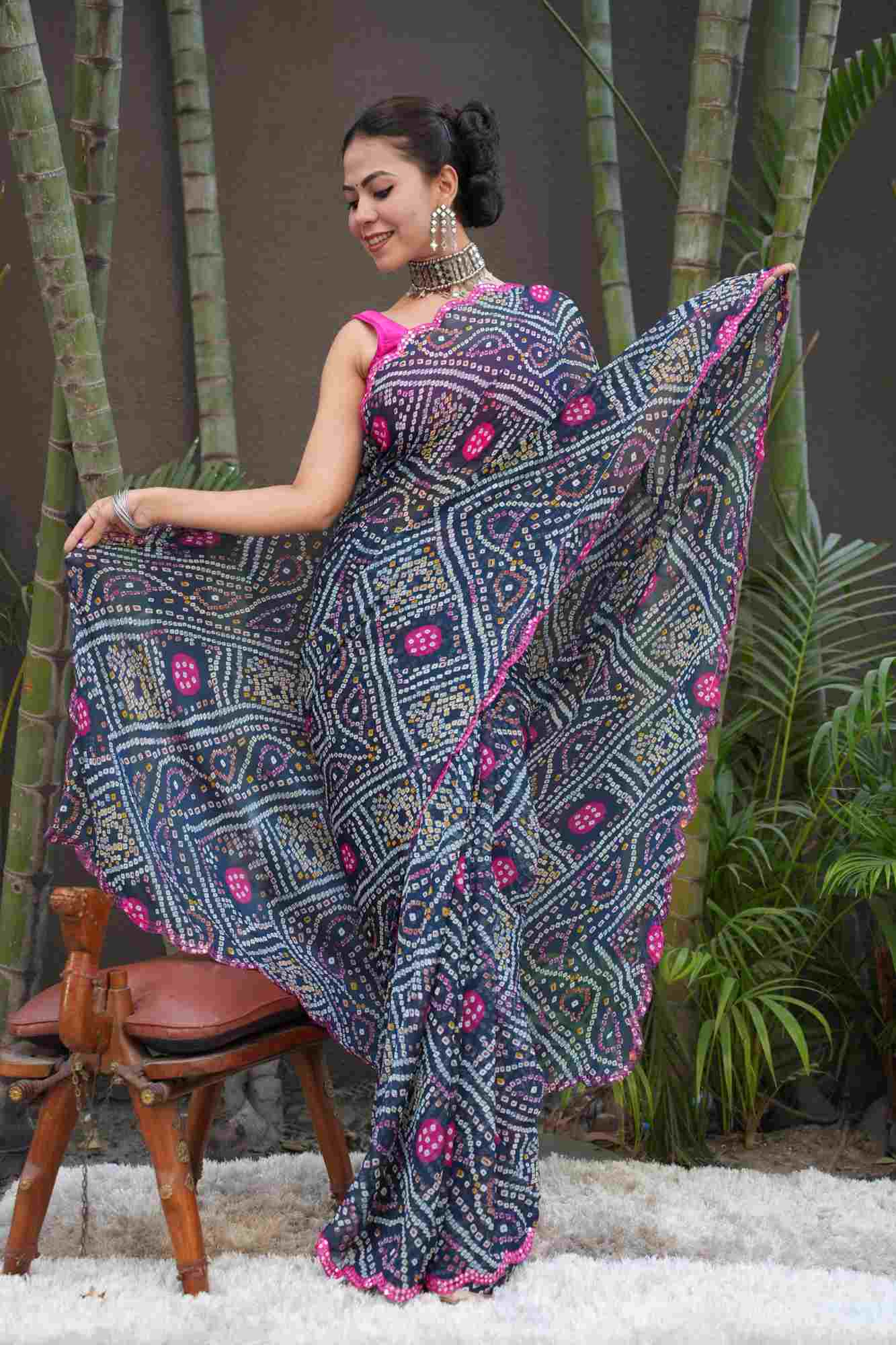 Bandhani Printed Chiffon With Mirror Embellished Pink Scalloped  Border Wrap in 1 Minute Saree.