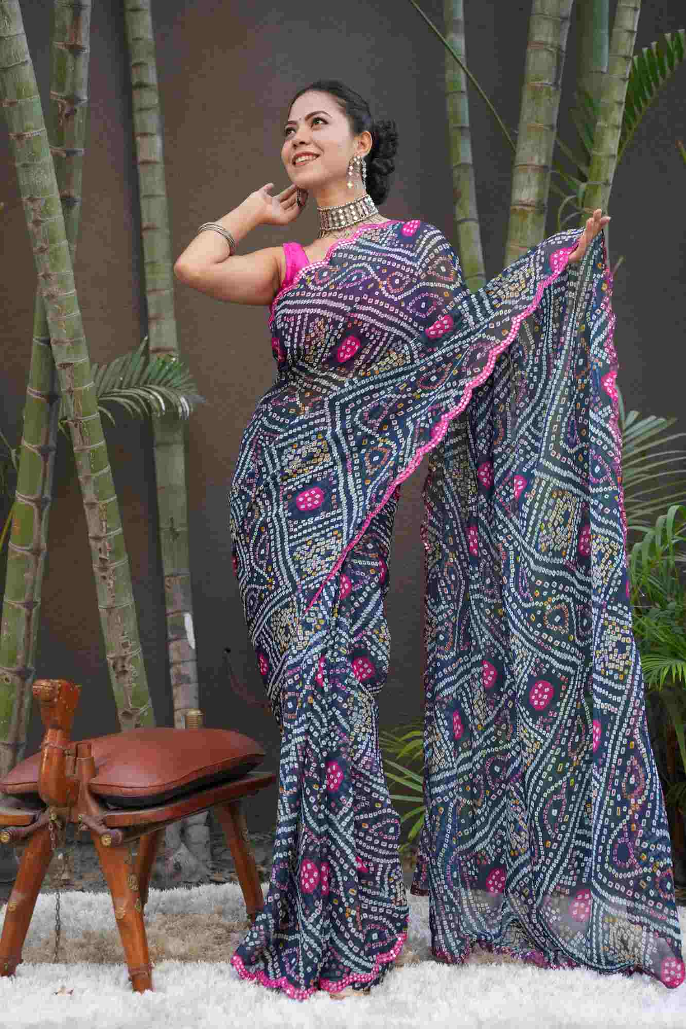 Bandhani Printed Chiffon With Mirror Embellished Pink Scalloped  Border Wrap in 1 Minute Saree.