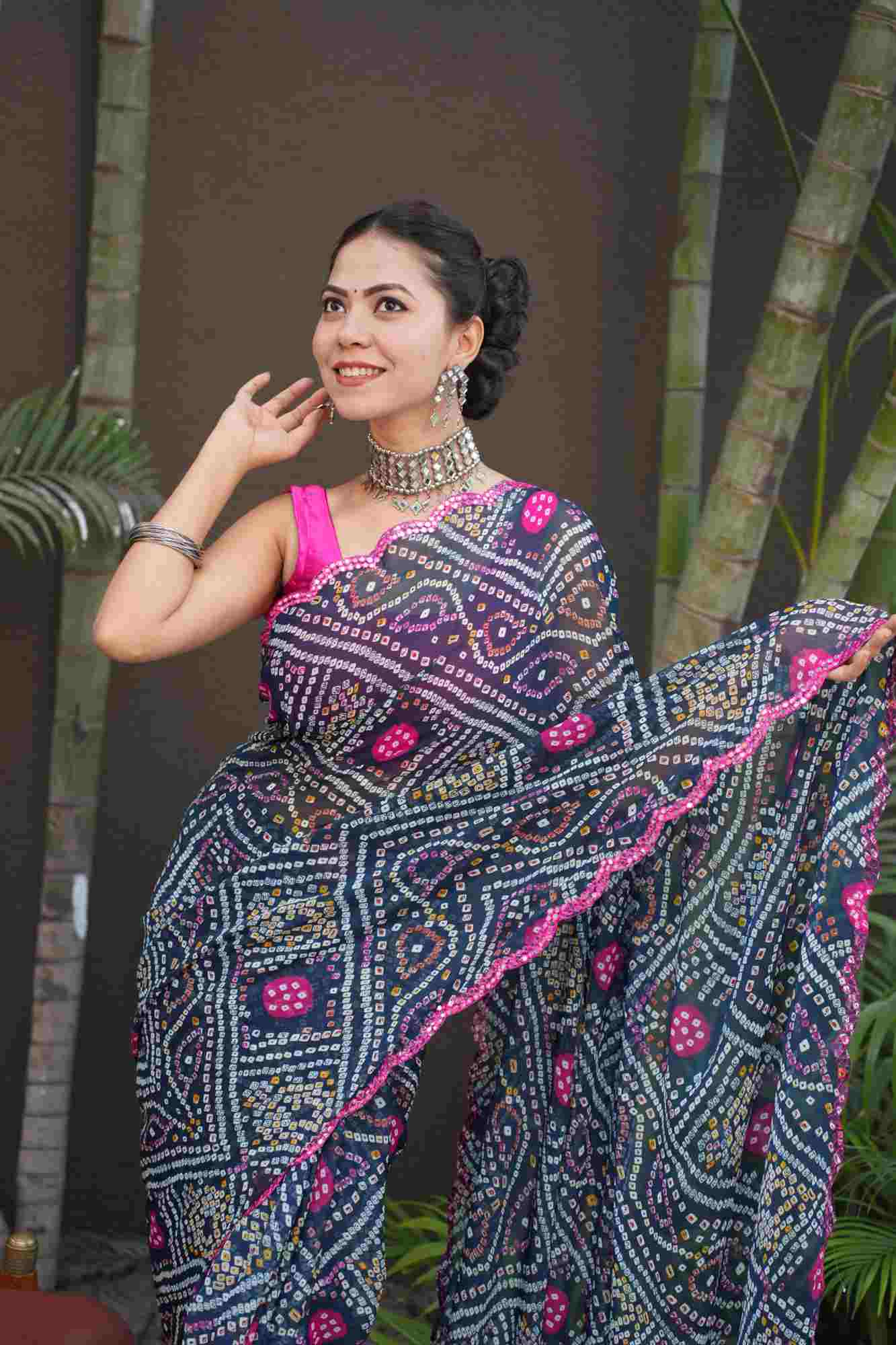 Bandhani Printed Chiffon With Mirror Embellished Pink Scalloped  Border Wrap in 1 Minute Saree.