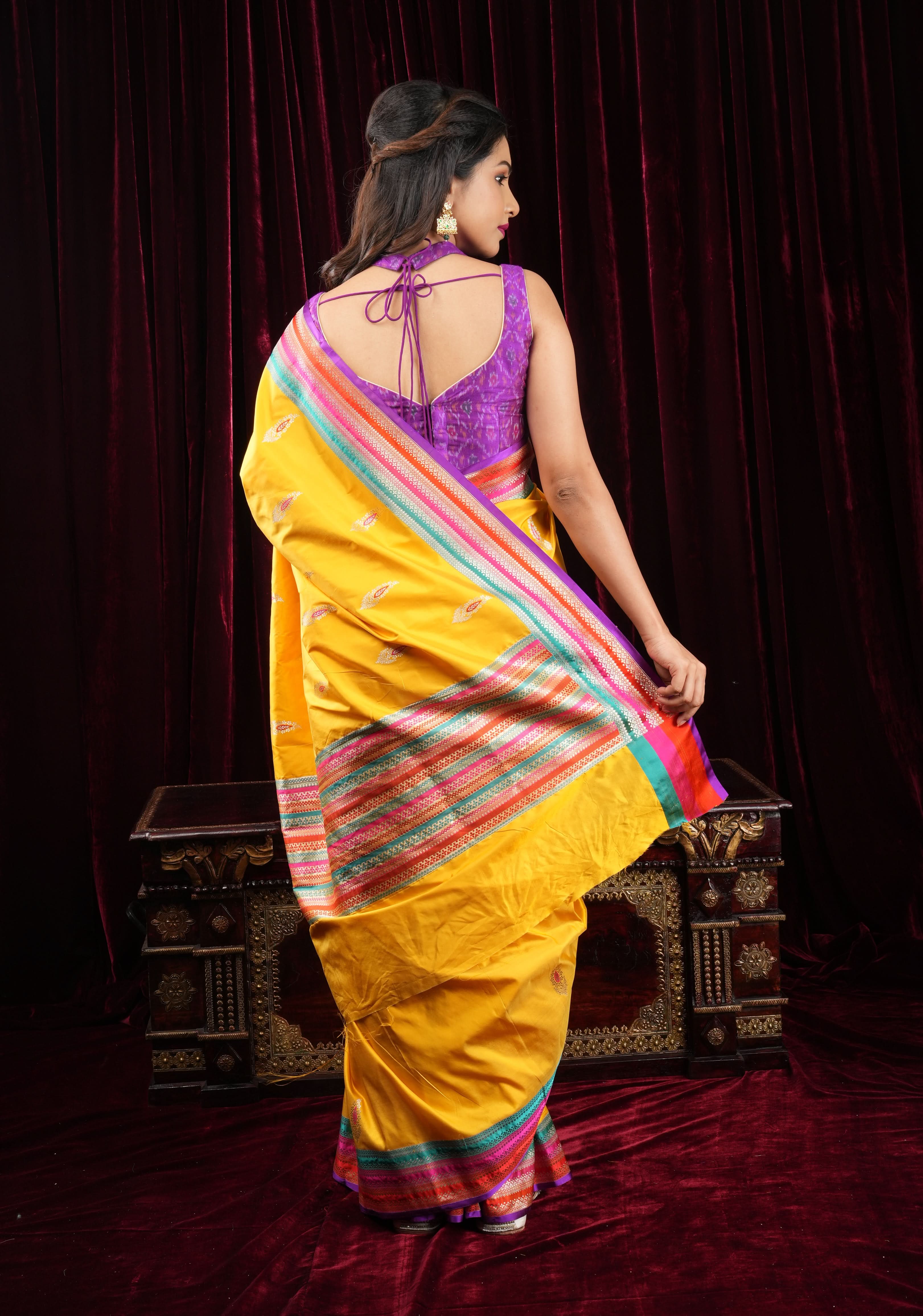 Purple Ikkat Pure Raw Silk Blouse with sheer yoke and Ikkat collar | Shobitam