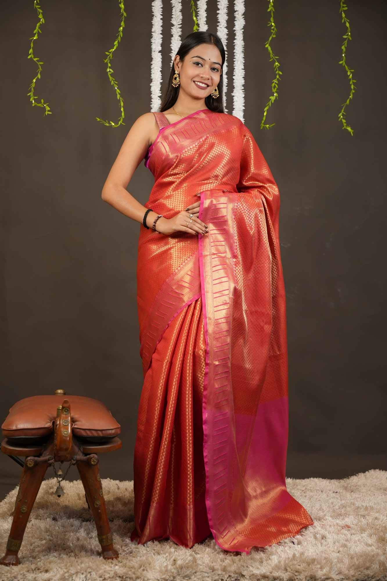 Beautiful Ready to wear Banarasi Soft Zari Tissue Silk saree with all over zari weaving & contrast  border