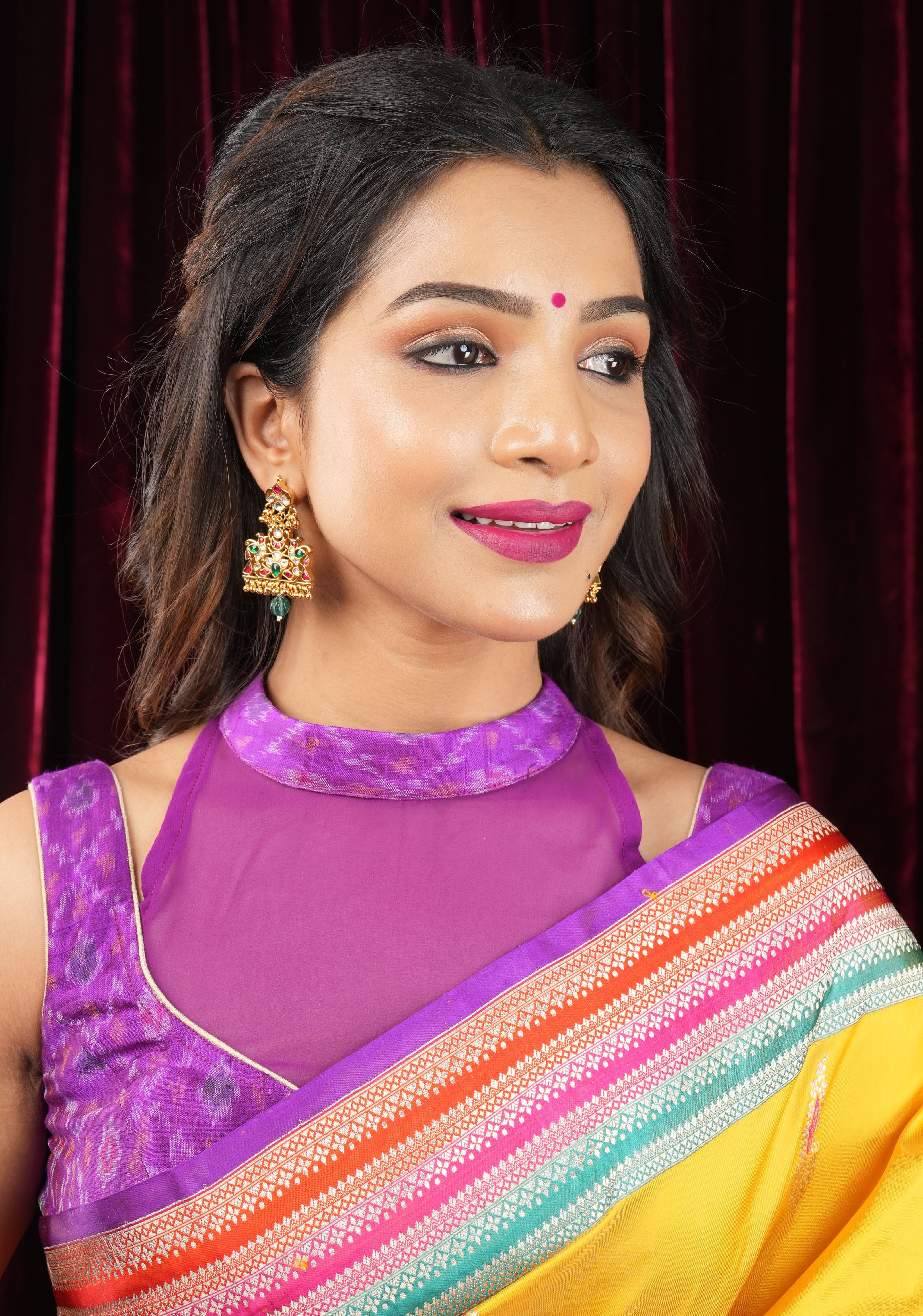 Purple Ikkat Pure Raw Silk Blouse with sheer yoke and Ikkat collar | Shobitam