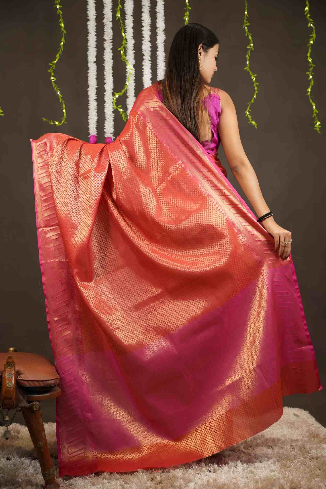 Beautiful Ready to wear Banarasi Soft Zari Tissue Silk saree with all over zari weaving & contrast  border