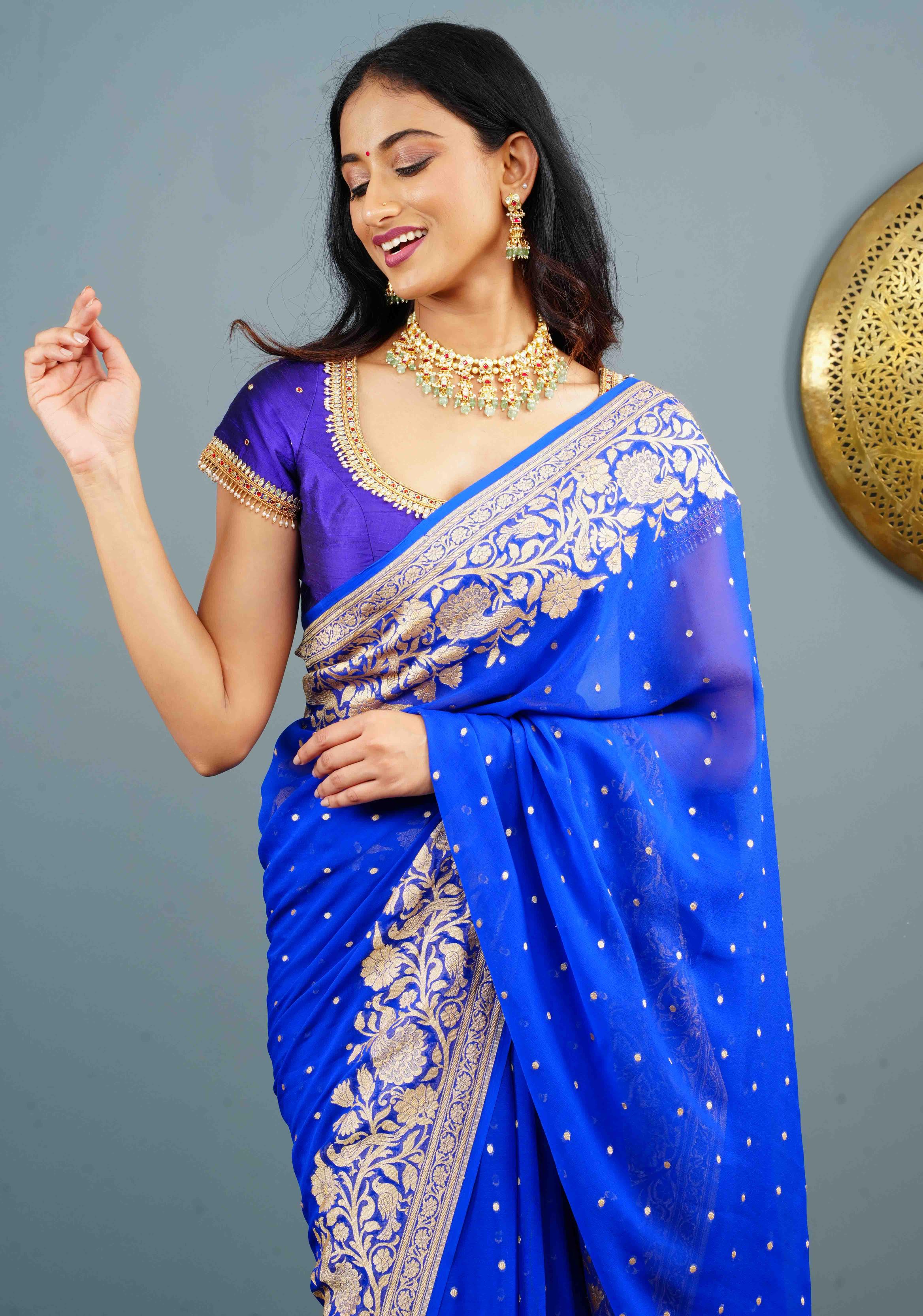 Purple Pure Raw Silk blouse with Kundan Detailing and Maggam Work, Customizable, Made to Order | Shobitam