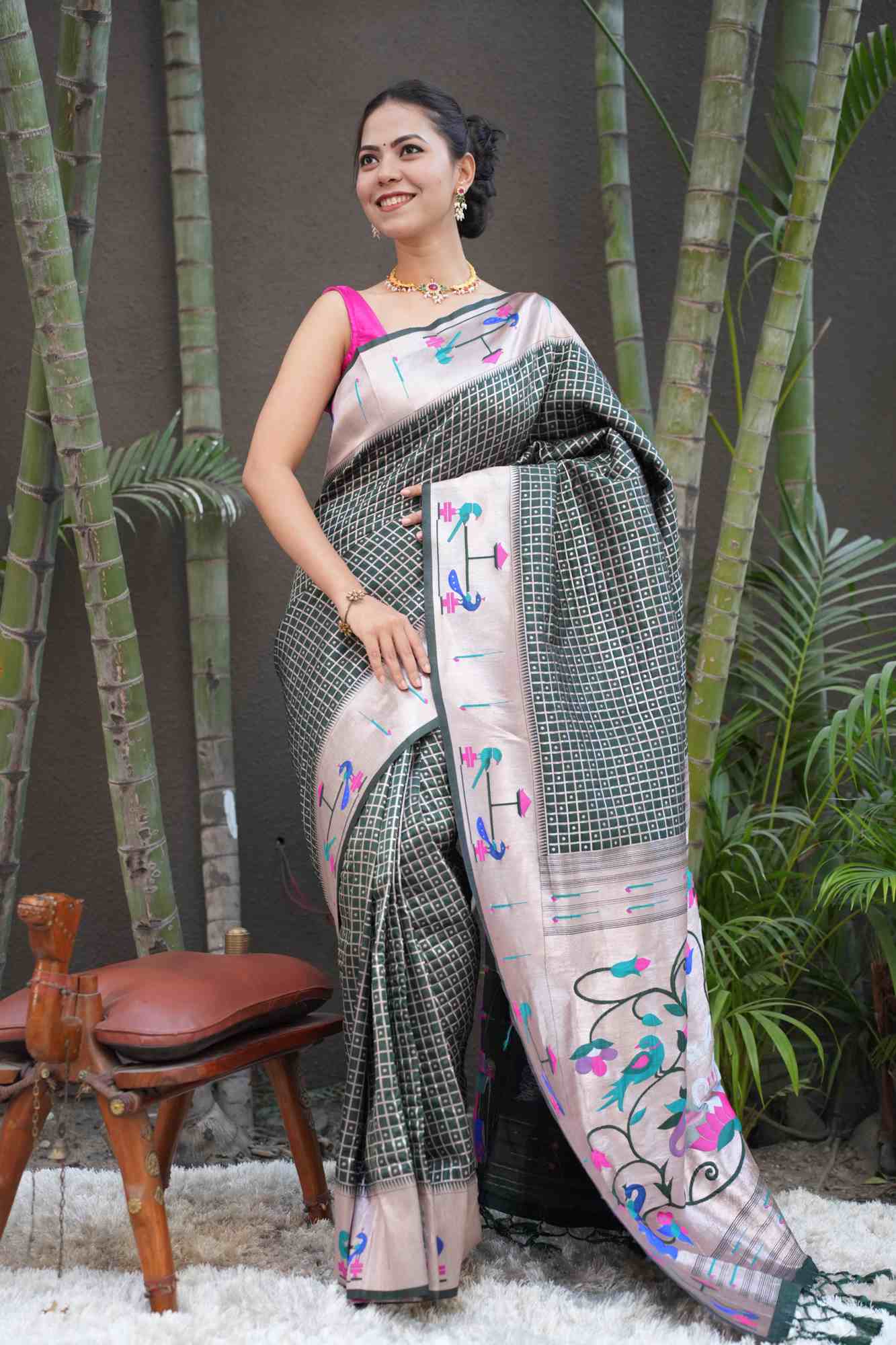 Green Paithani woven border and pallu with geometric weaving all over predraped ready to wear saree