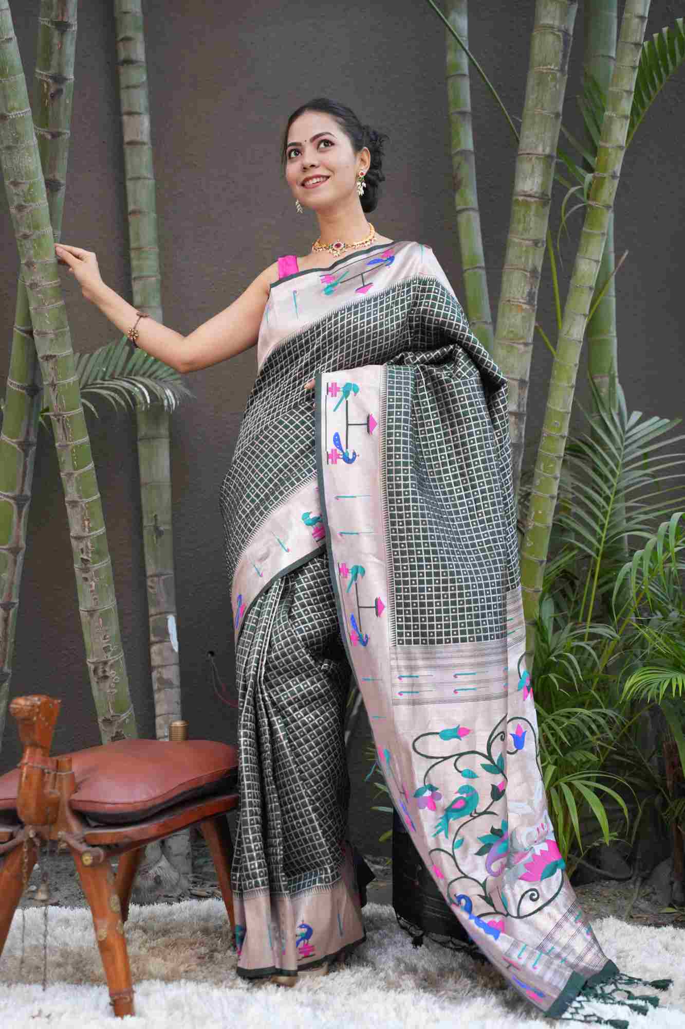 Green Paithani woven border and pallu with geometric weaving all over predraped ready to wear saree