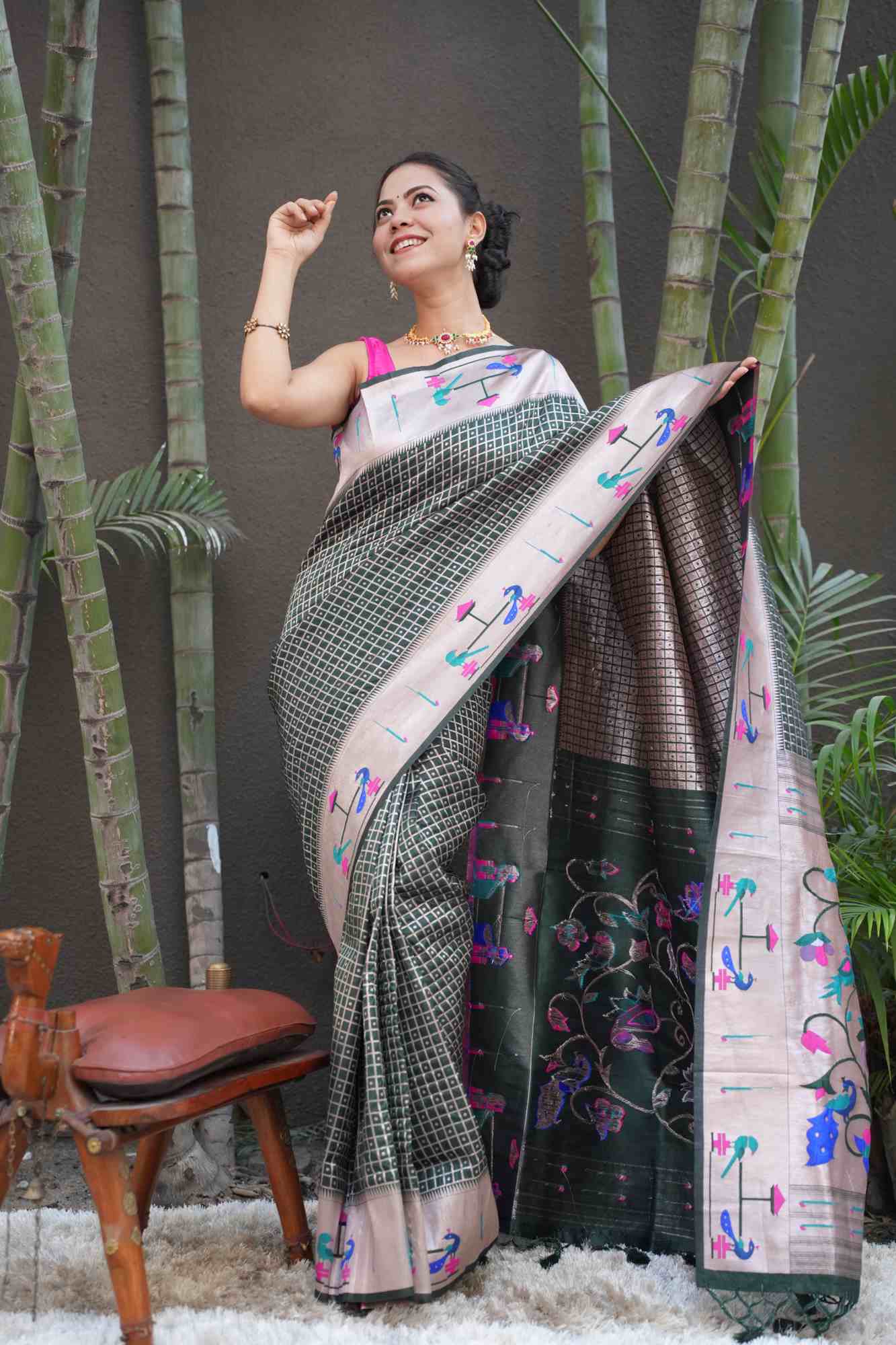 Green Paithani woven border and pallu with geometric weaving all over predraped ready to wear saree