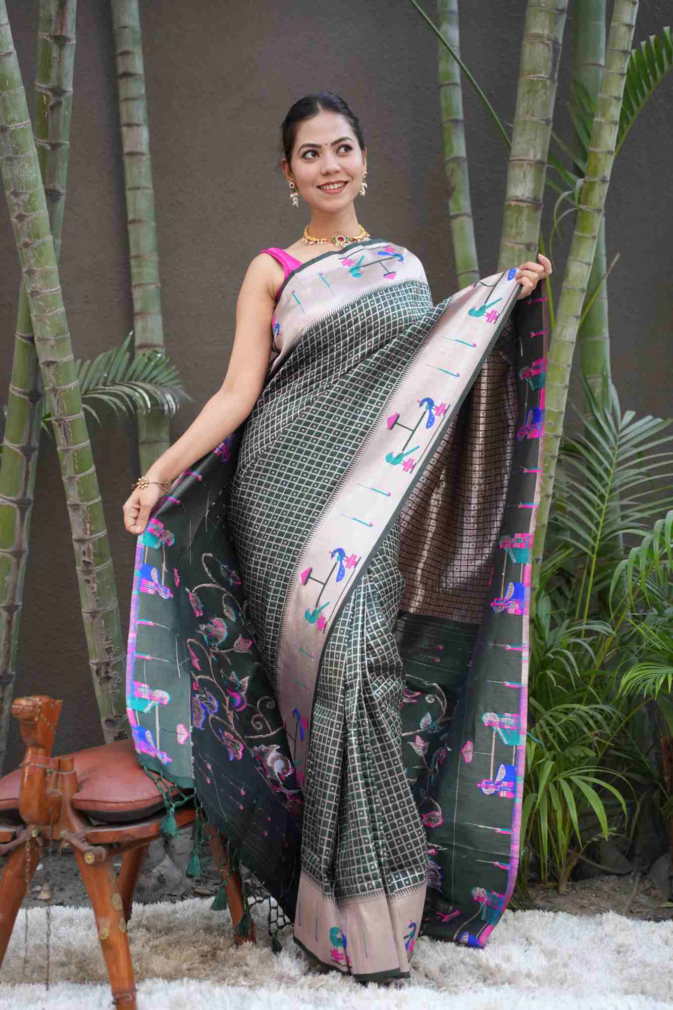 Green Paithani woven border and pallu with geometric weaving all over predraped ready to wear saree