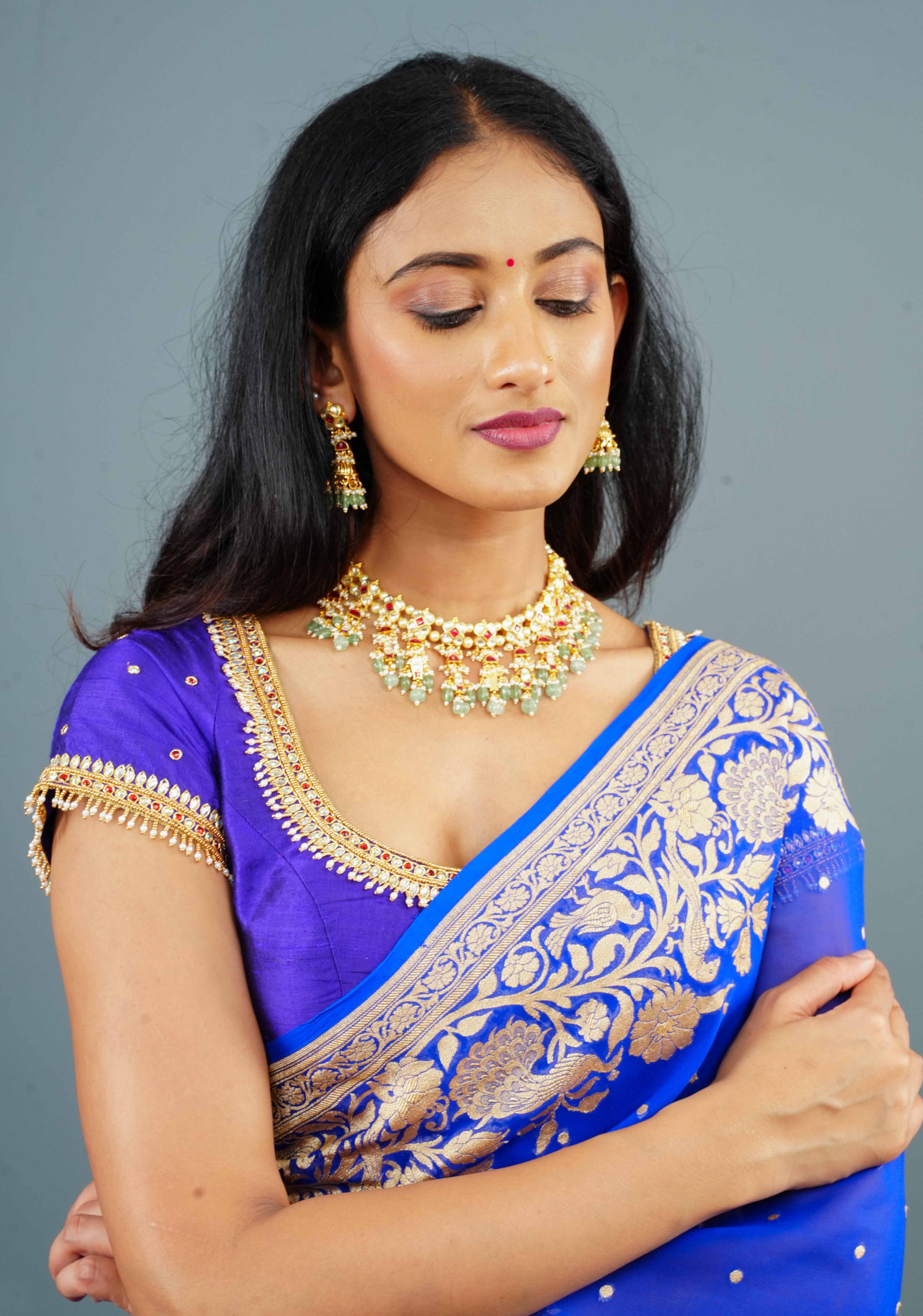 Purple Pure Raw Silk blouse with Kundan Detailing and Maggam Work, Customizable, Made to Order | Shobitam