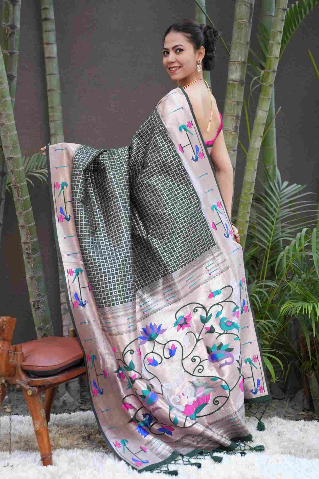 Green Paithani woven border and pallu with geometric weaving all over predraped ready to wear saree