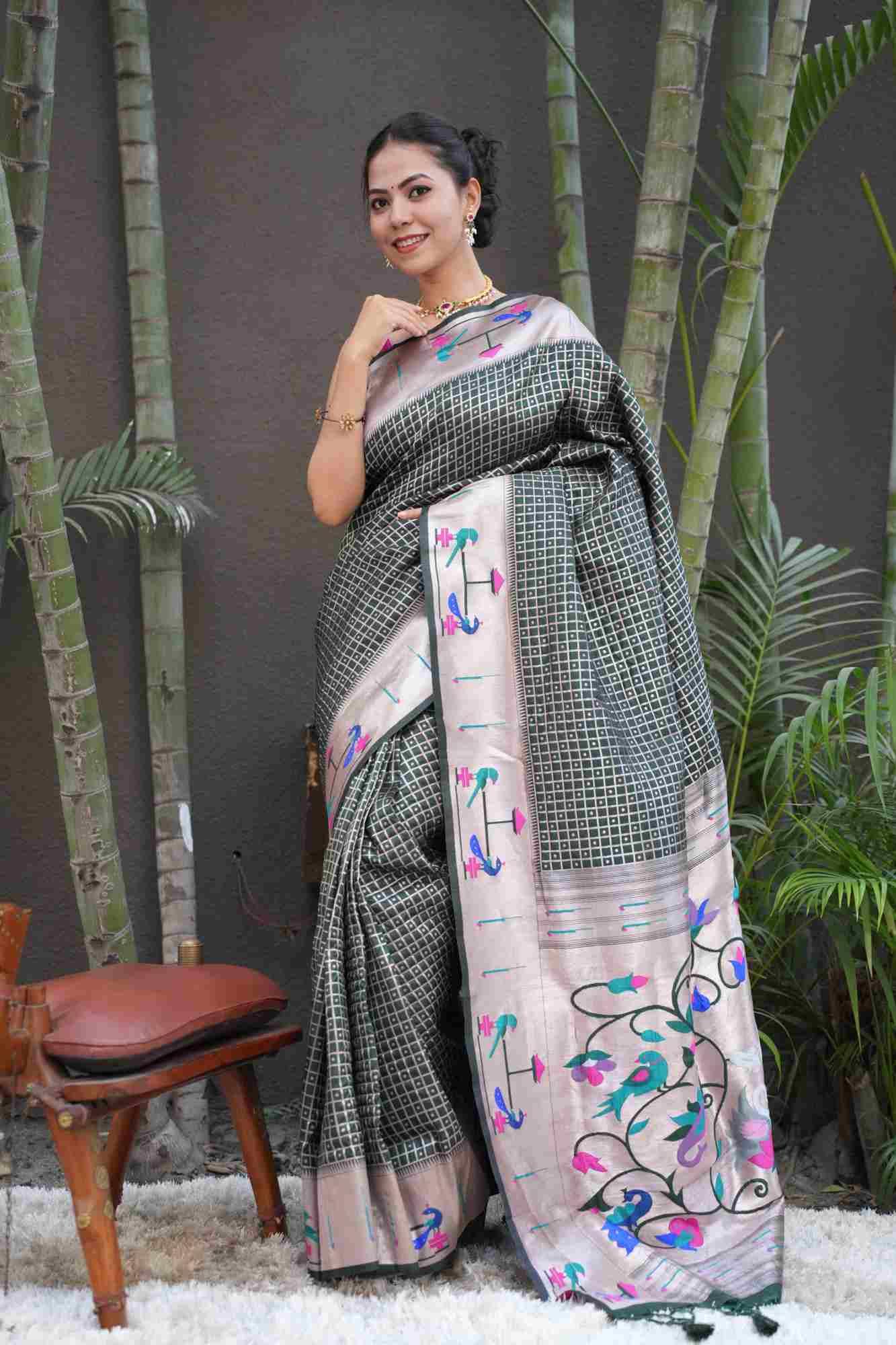 Green Paithani woven border and pallu with geometric weaving all over predraped ready to wear saree