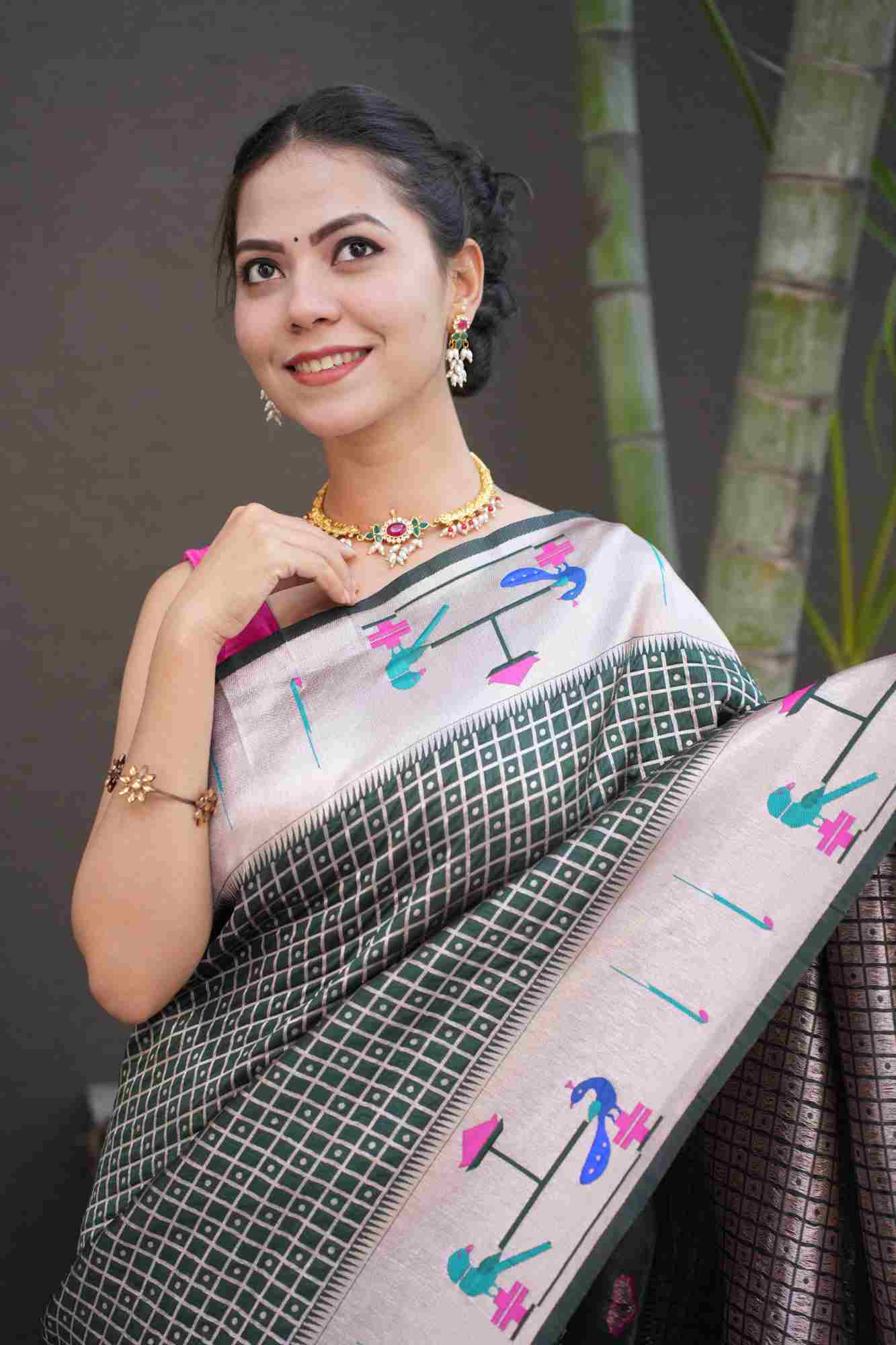 Green Paithani woven border and pallu with geometric weaving all over predraped ready to wear saree