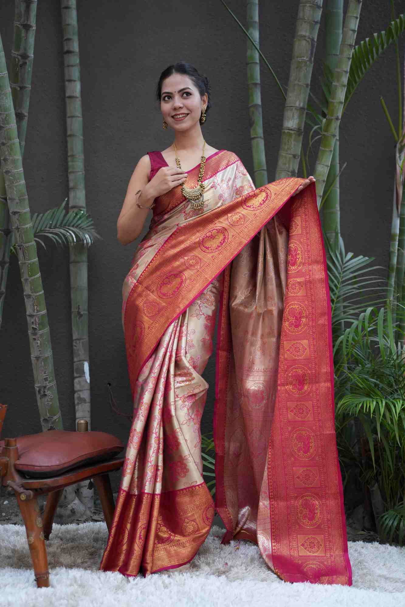 Ready to Wear Dharamvaram Weave Gold Toned with Ornate Zari work prestitched saree