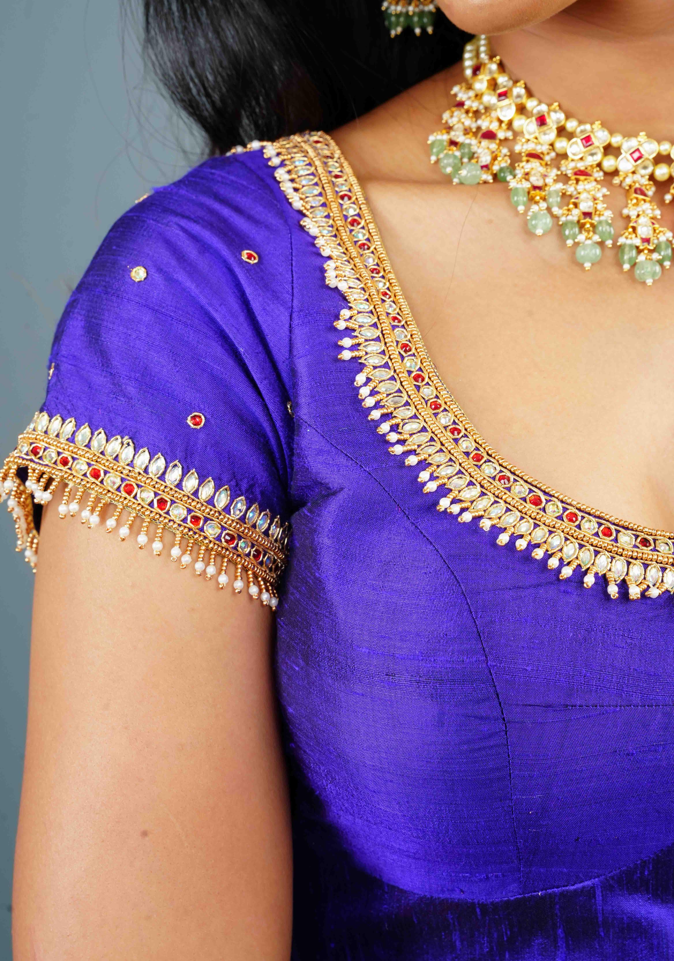 Purple Pure Raw Silk blouse with Kundan Detailing and Maggam Work, Customizable, Made to Order | Shobitam