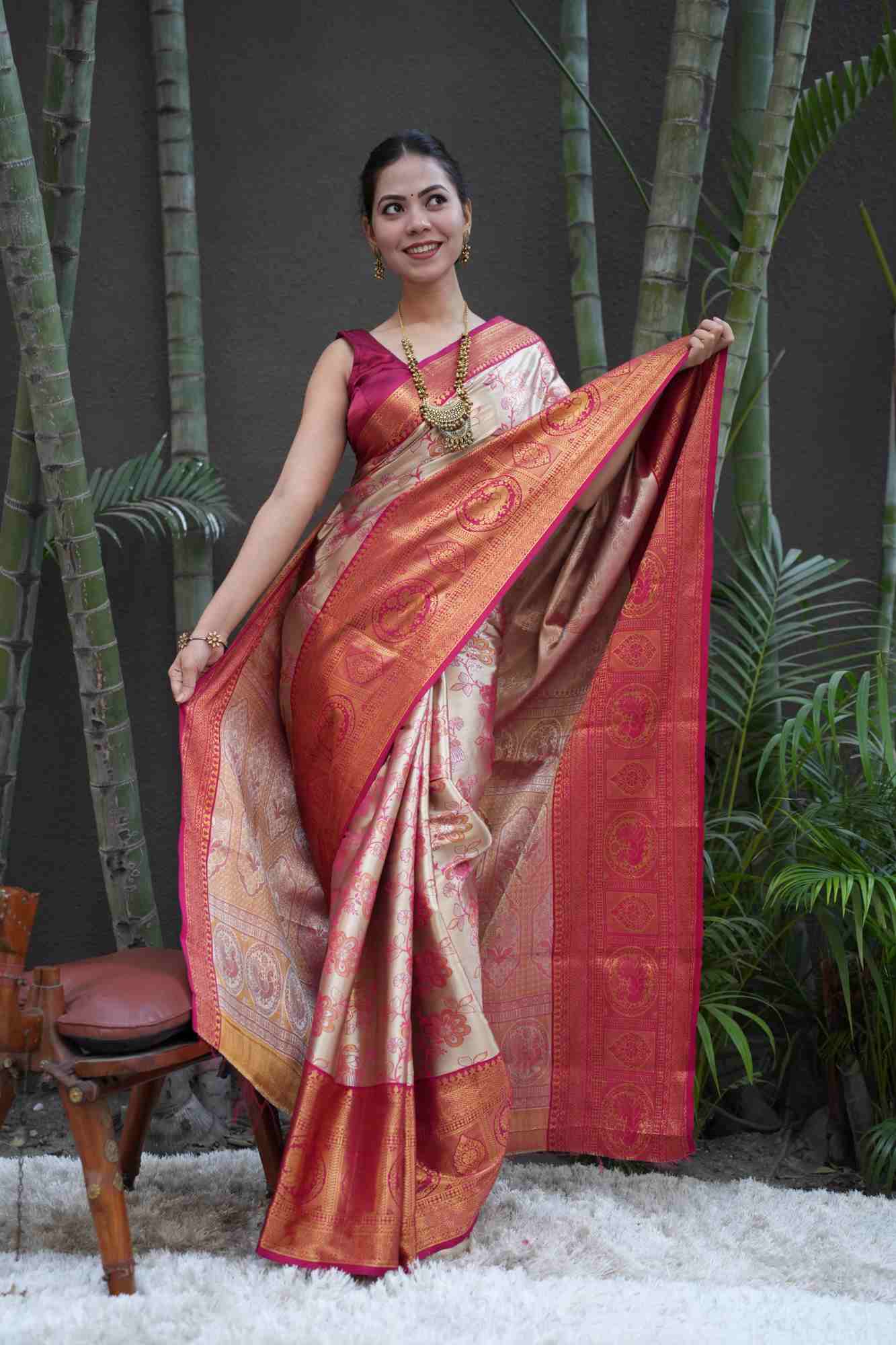 Ready to Wear Dharamvaram Weave Gold Toned with Ornate Zari work prestitched saree