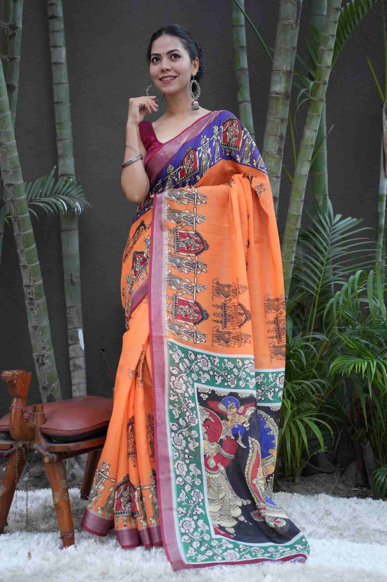 Soft Linen Cotton Digital Madhubani Mythological Printed with Maa Saraswati palla Ready To Wear Saree