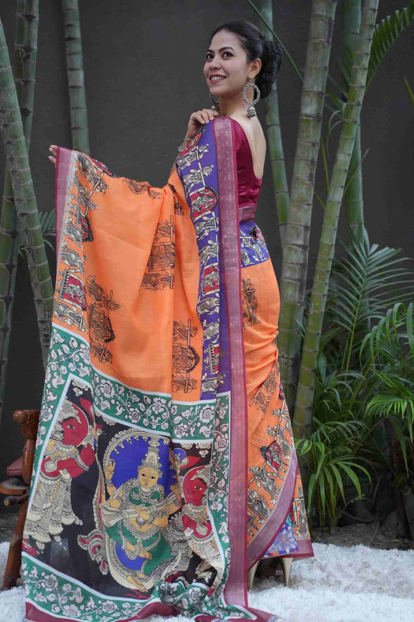 Soft Linen Cotton Digital Madhubani Mythological Printed with Maa Saraswati palla Ready To Wear Saree